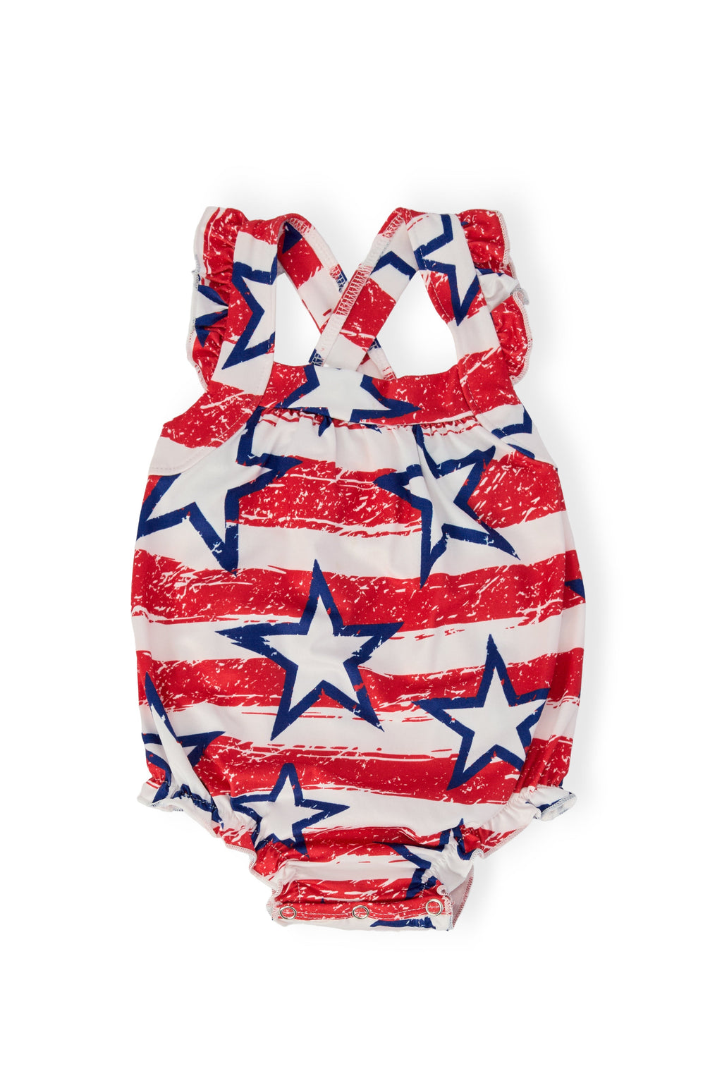 Mila & Rose ® Stars & Stripes Ruffle Cross Back Romper — main product shot