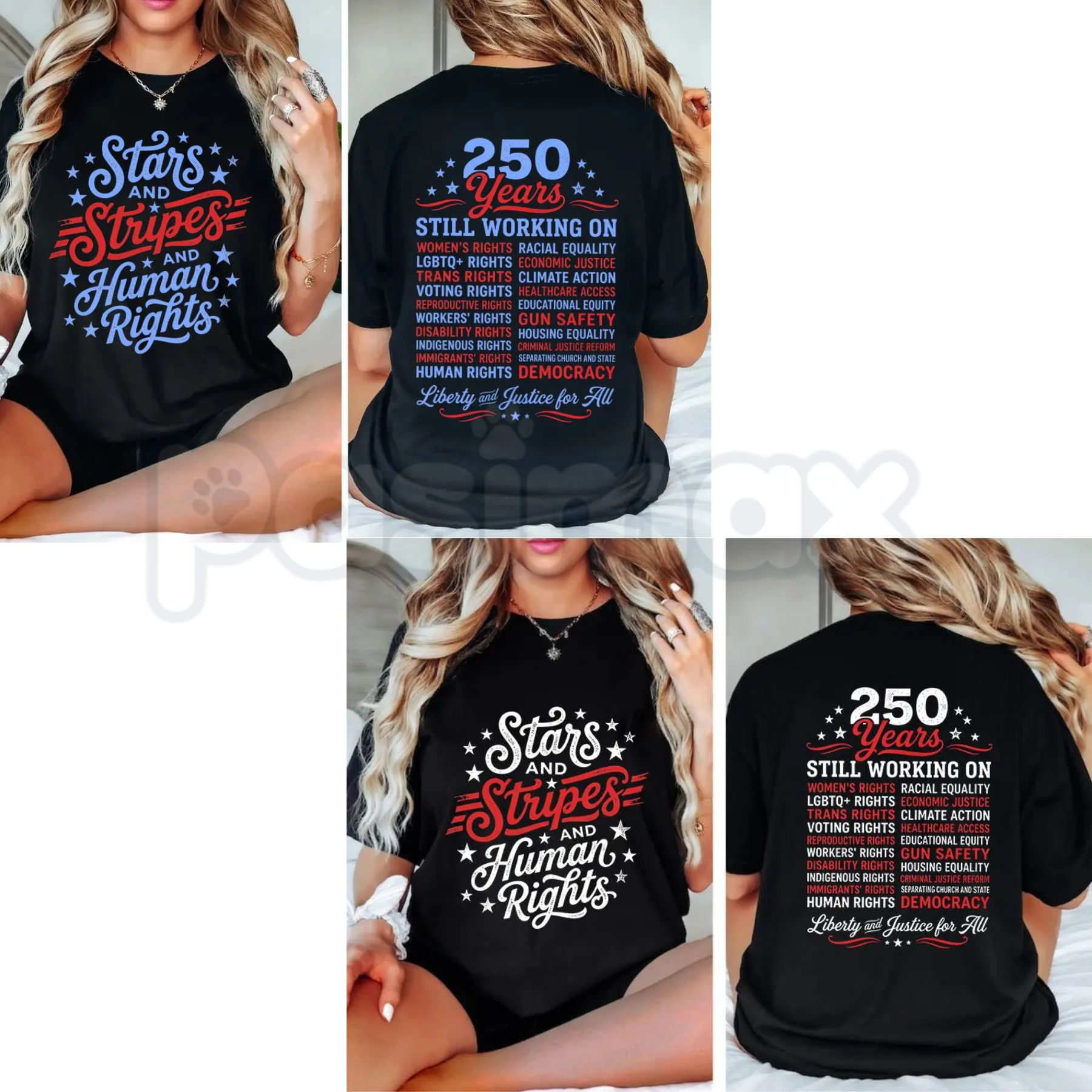 "Stars and Stripes and Human Rights" T-Shirt – America 250th Anniversary Social Justice Patriotic Graphic Tee