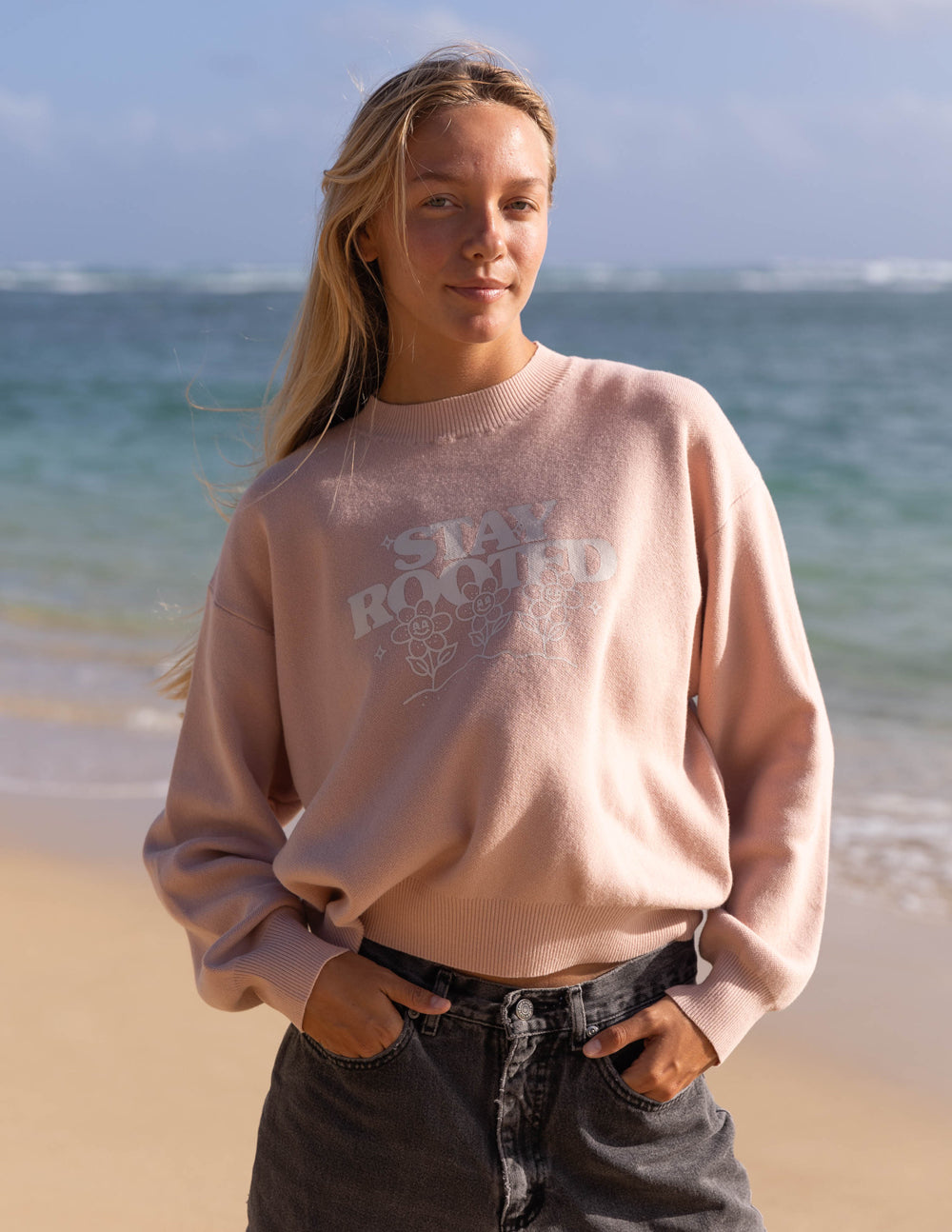 Elevated Faith Stay Rooted Knit Sweater — Elevated Faith branding close-up