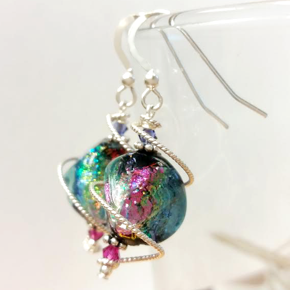 BodyCandy 925 Silver Spiral Dichroic Glass Earrings Created with Crystals — detail close-up