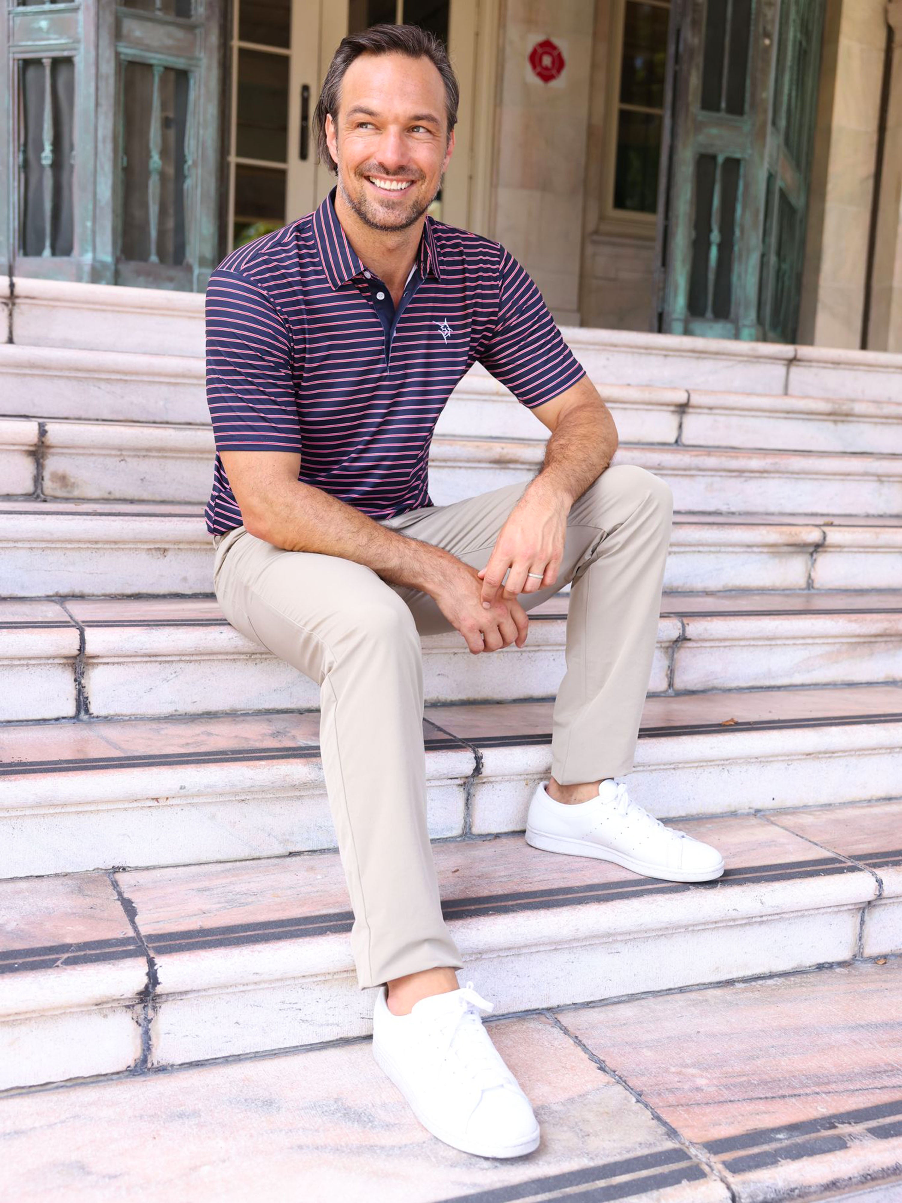 White Water Life Striper Polo — lifestyle context