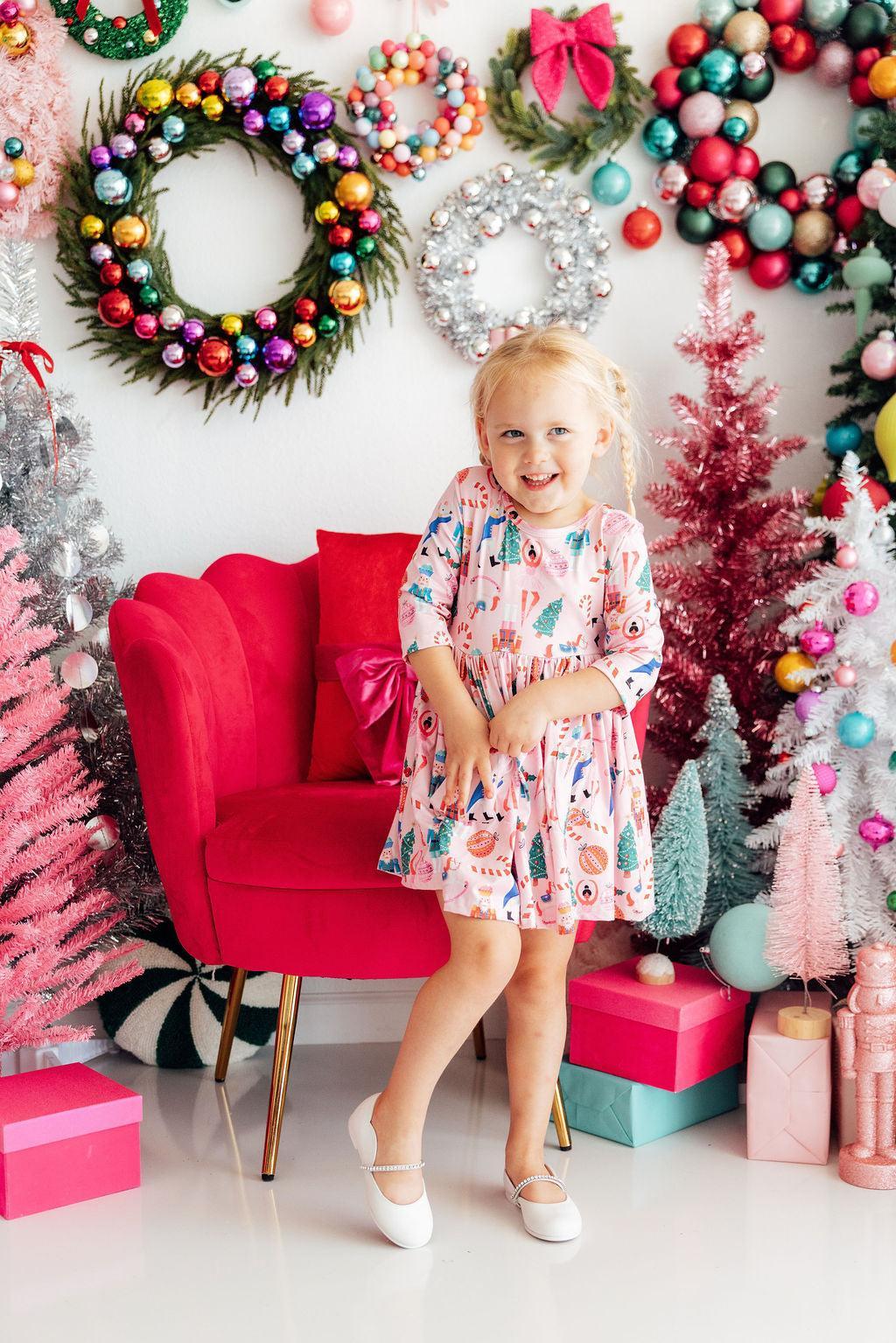 Mila & Rose ® Sugarplum Fairy 3/4 Sleeve Pocket Twirl Dress — back view