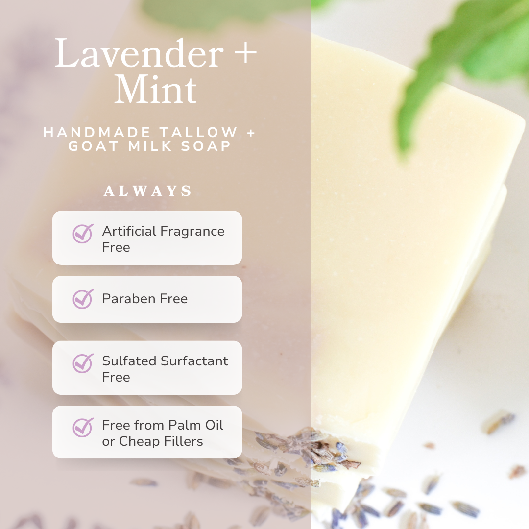 Pretty farm girl Lavender + Mint Handmade Tallow and Goat Milk Soap Bar — side view