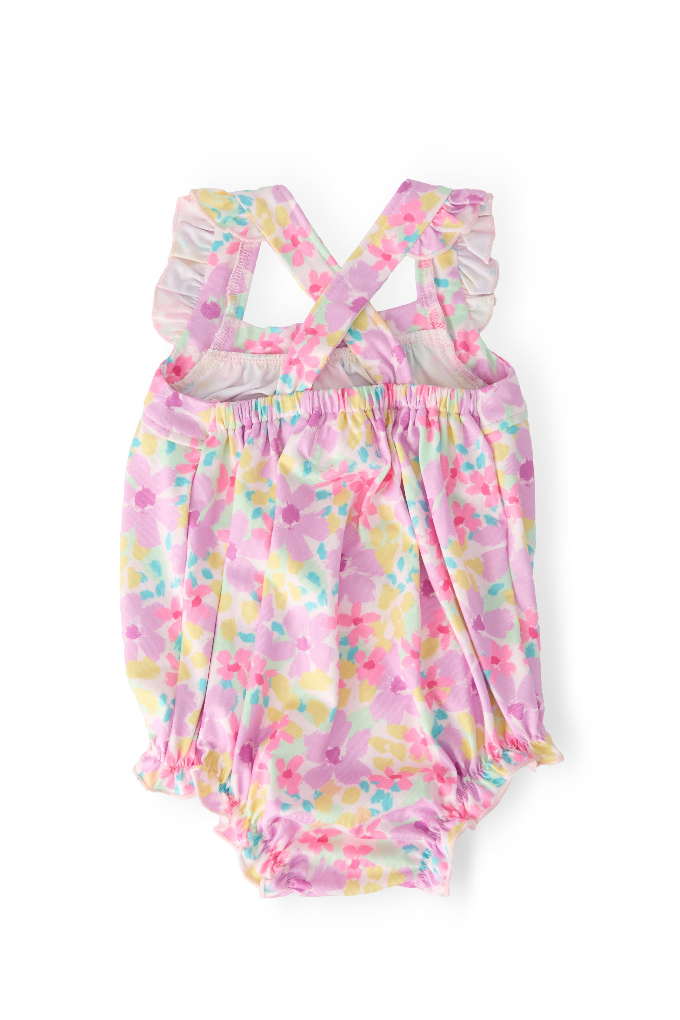 Mila & Rose ® Summer Watercolor Ruffle Cross Back Romper — detail close-up