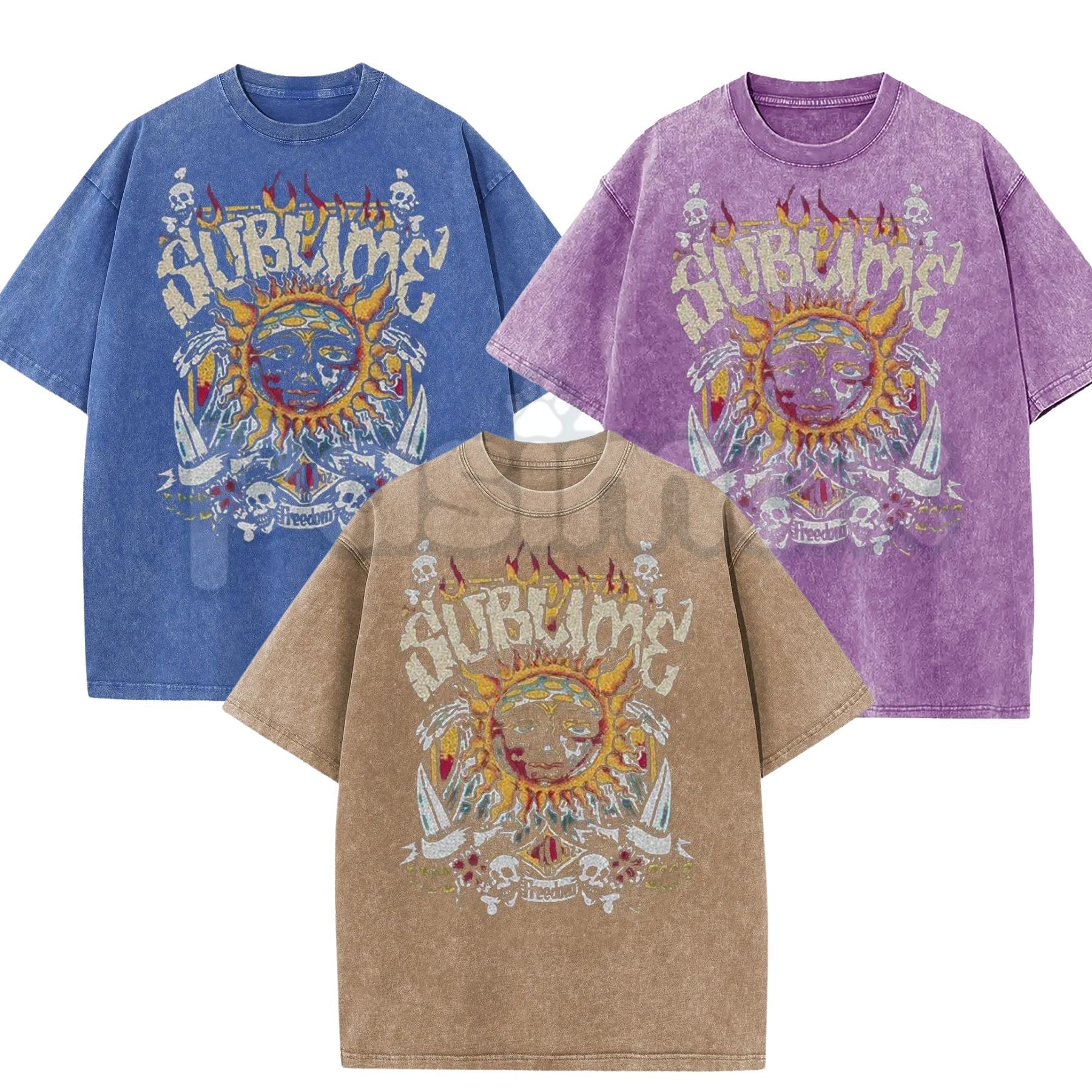 Sunland Oversized Sun Pattern T-Shirt – Acid Washed Unisex Celestial Graphic Tee, Lightweight Retro Cotton Streetwear Top