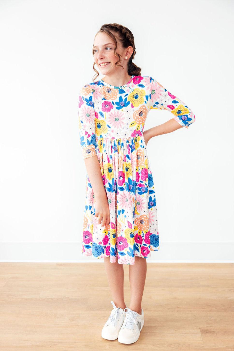 Mila & Rose ® SALE Sunshine Floral 3/4 Sleeve Pocket Twirl Dress — detail close-up