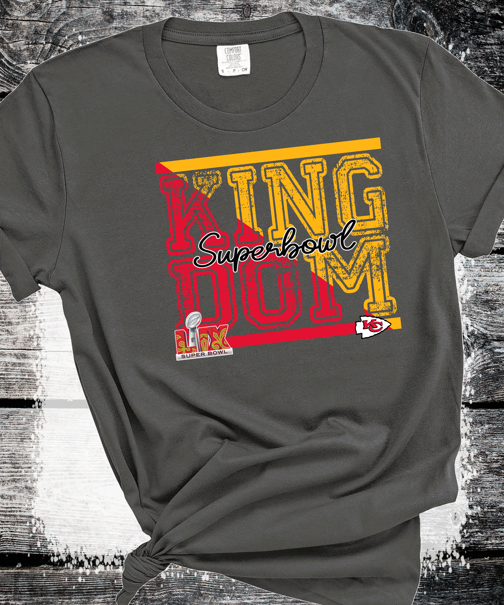 A Blessed Texas Mess Boutique Super Bowl KINGDOM Kansas City Football Chiefs T-Shirt, KC Football Tee, Game… — A Blessed Texas Mess Boutique branding close-up