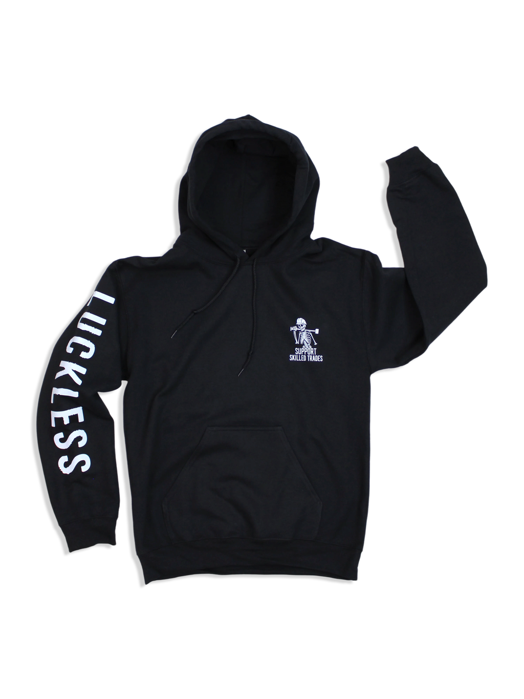 Luckless Outfitters Support Skilled Trades Hoodie — detail close-up