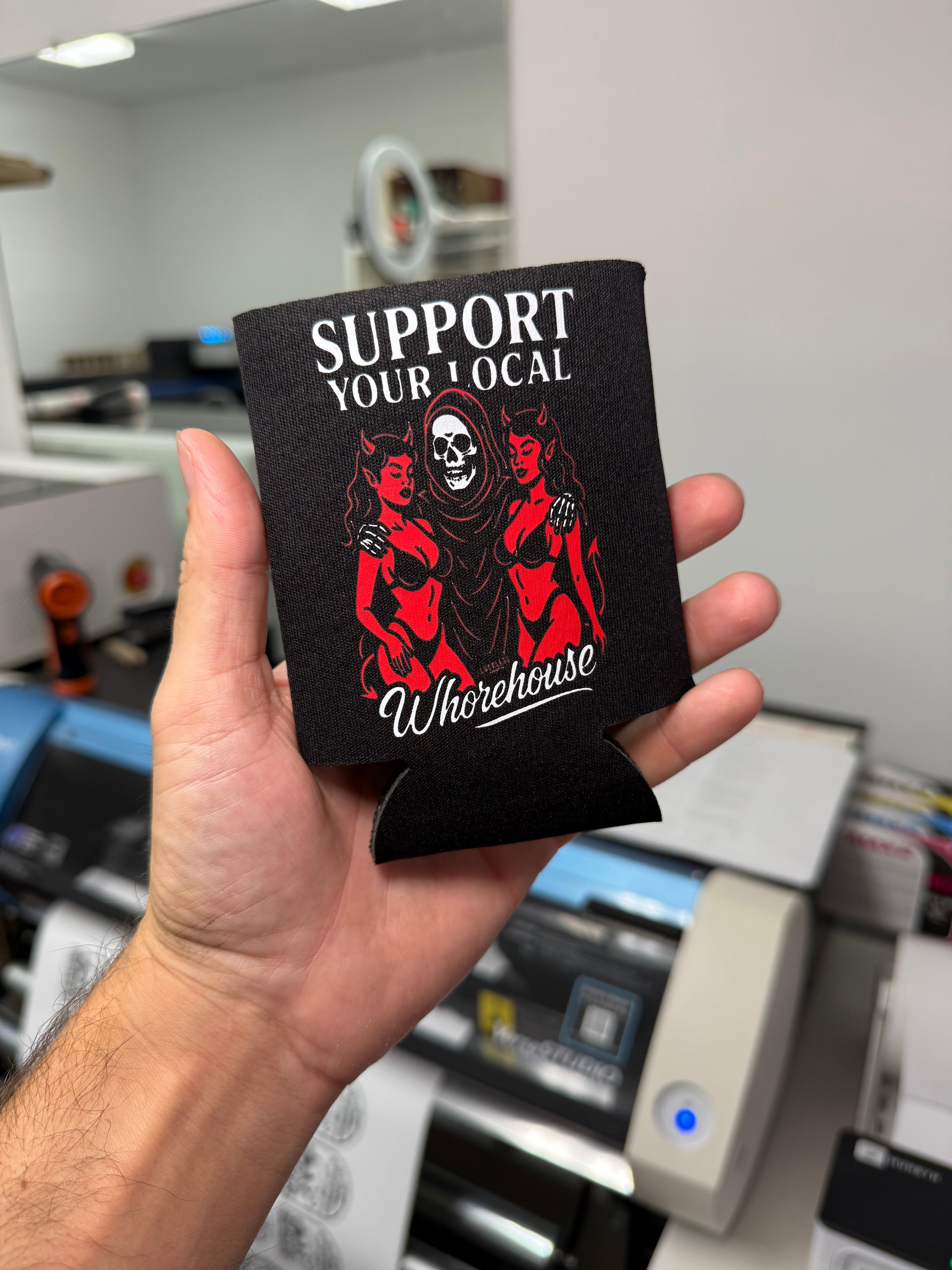 Luckless Outfitters Support Your Local Whorehouse Koozie — side view
