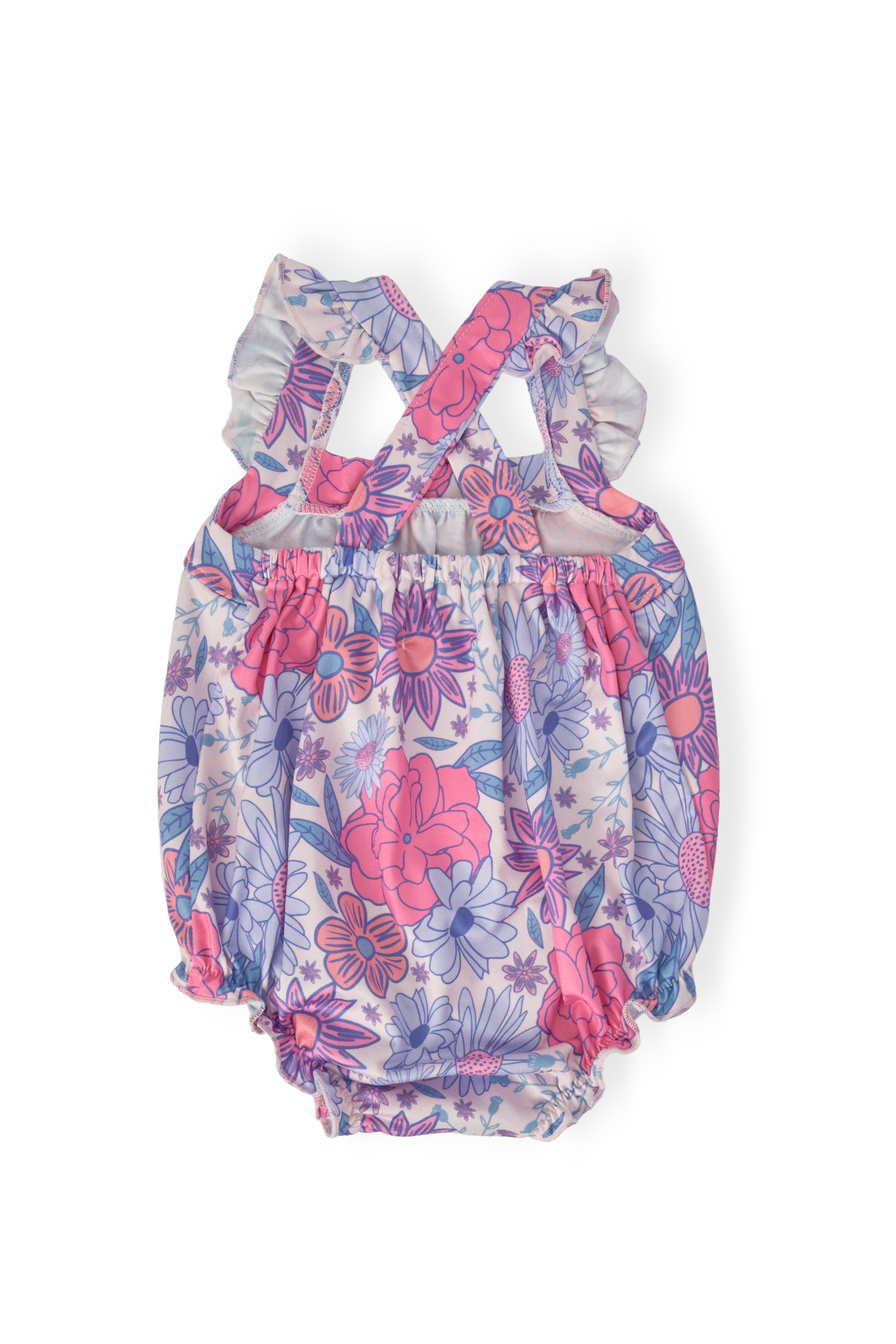 Mila & Rose ® Sweet Springtime Ruffle Cross Back Romper — back view