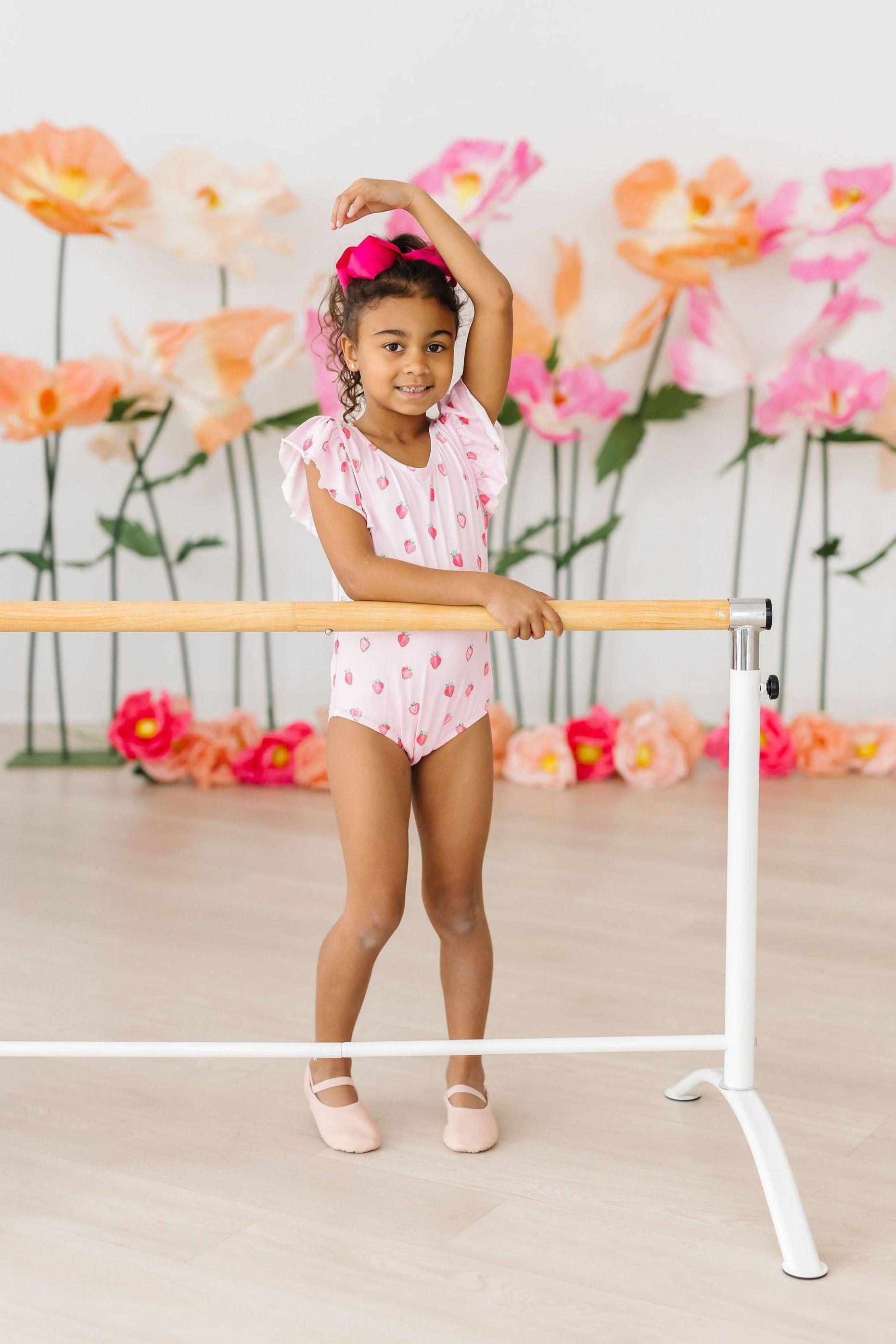 Mila & Rose ® Sweet Strawberries S/S Flutter Sleeve Leotard — detail close-up