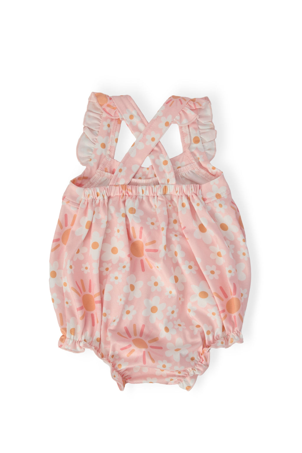 Mila & Rose ® Sweet & Sunny Ruffle Cross Back Romper — back view