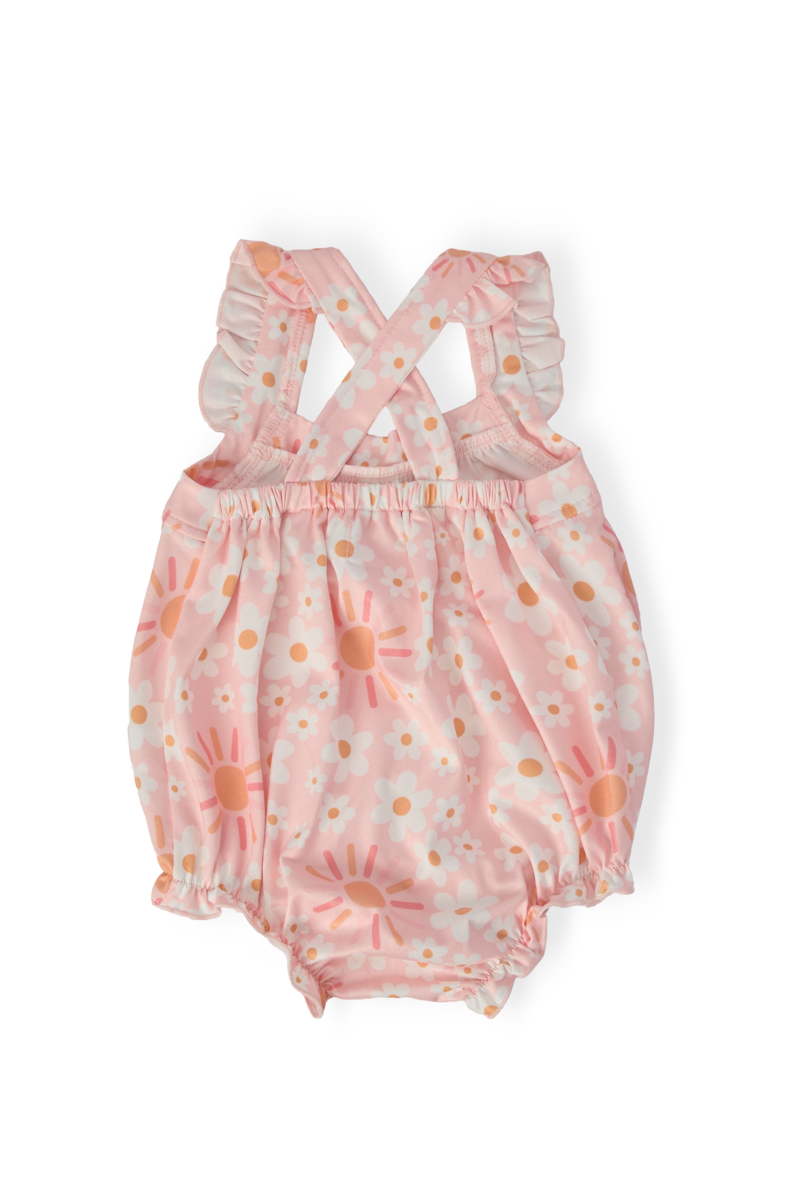 Mila & Rose ® Sweet & Sunny Ruffle Cross Back Romper — back view