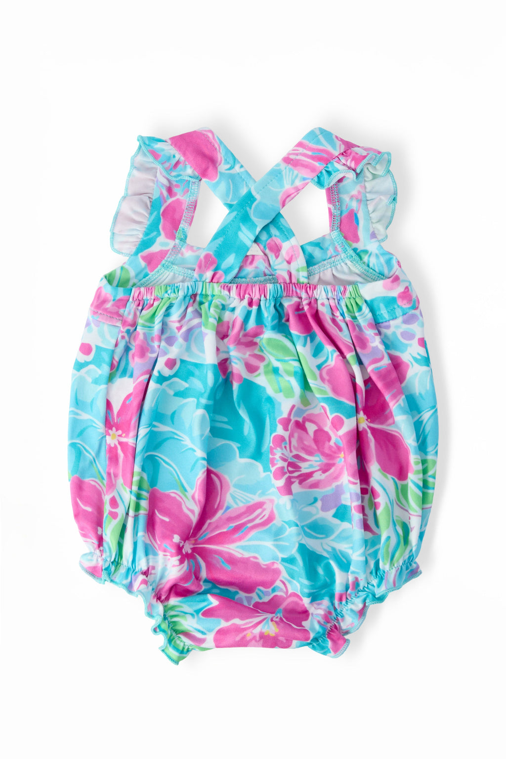 Mila & Rose ® Tropical Punch Ruffle Cross Back Romper — detail close-up