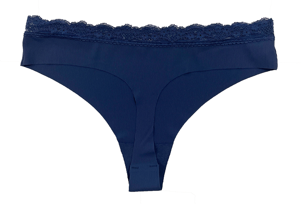 Love Libby Panties Laser Cut Rib Thong with Lace Waist, XS-2X — product on model