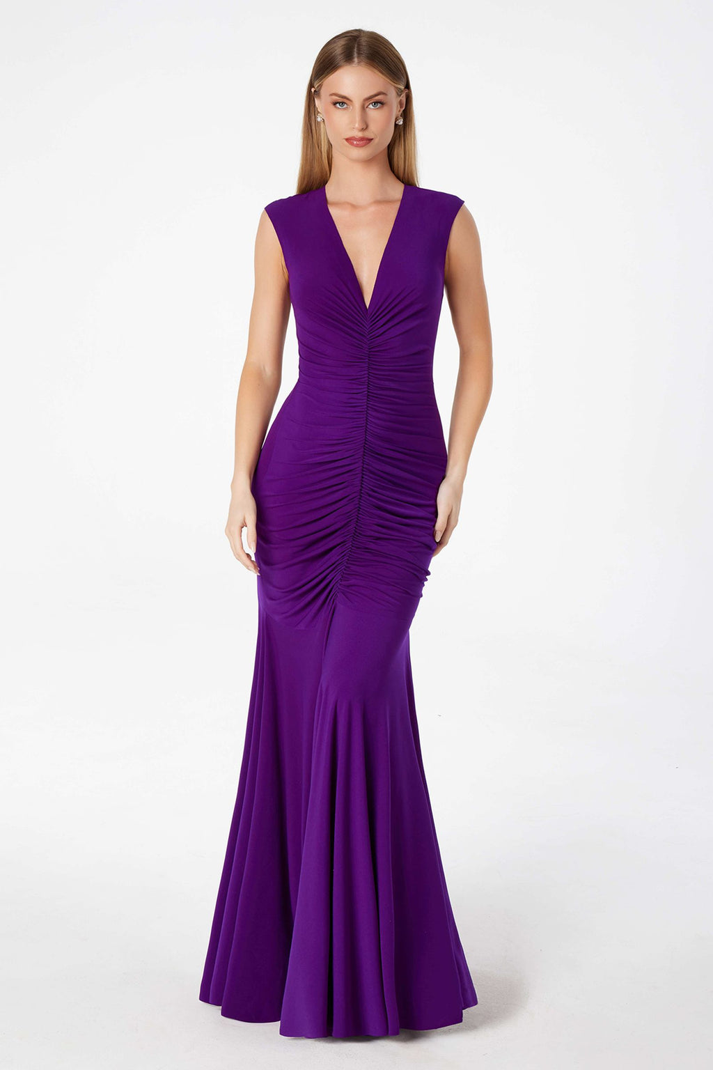 Astee T2009 Long V-Neckline Ruched Mermaid Gown