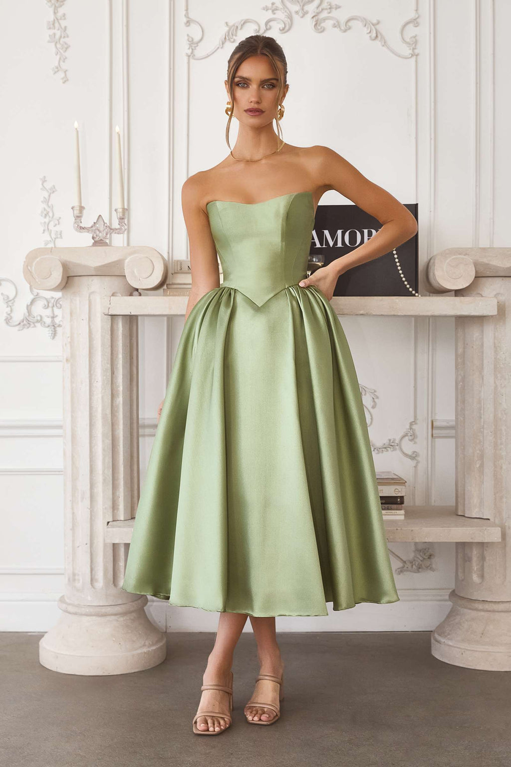Amoris T822 Elegant Mikado Midi Timeless Strapless Gown