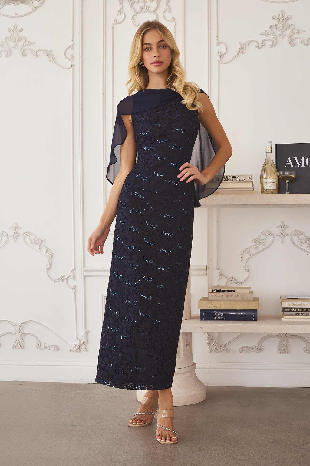 Amoris T906 Sequin Lace Gown Detachable Sheer Cape Overlay