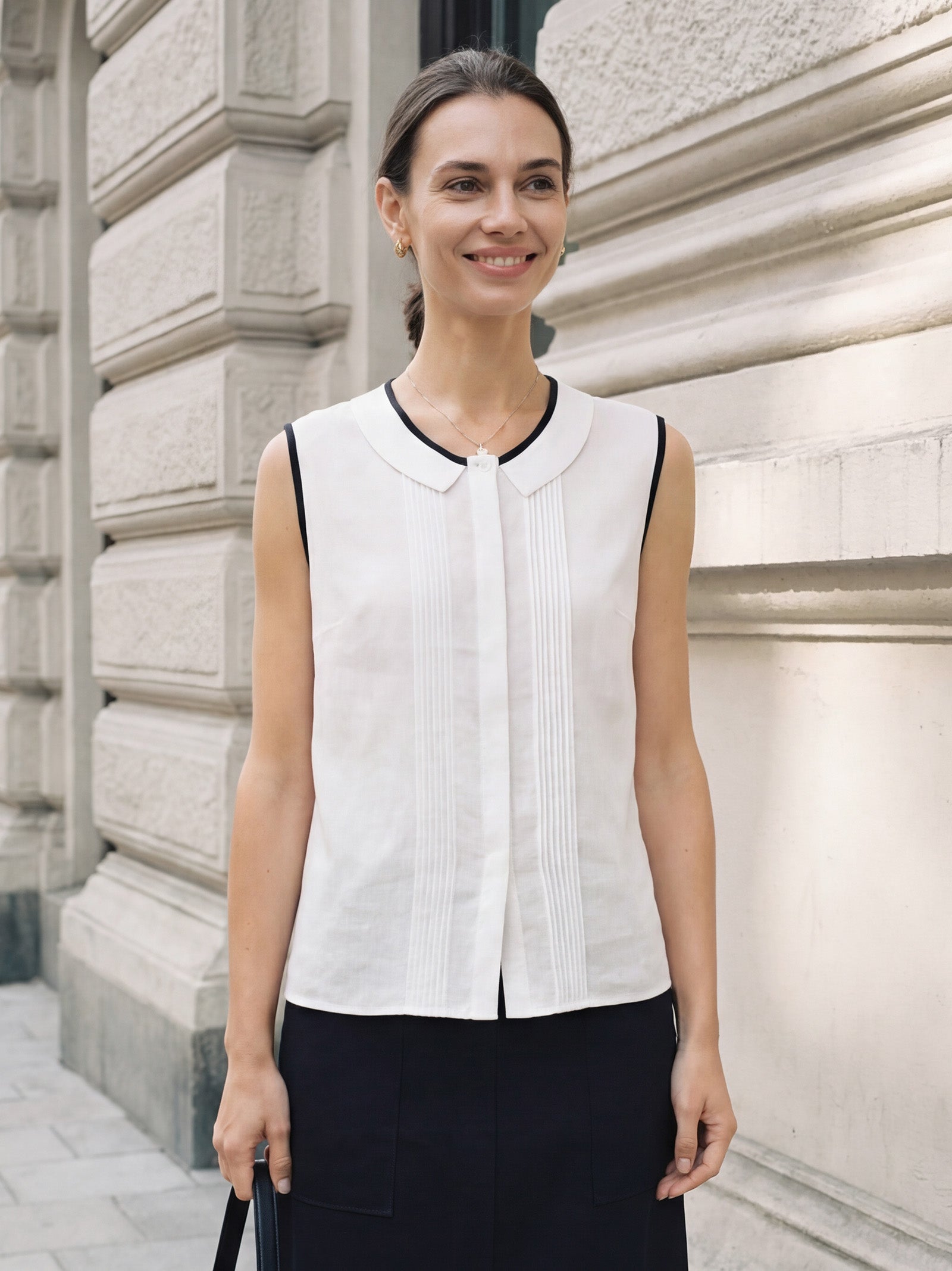 LINTICO Linen-Lyocell Contrast Trim Pleated Sleeveless Top JUNIPER — construction detail