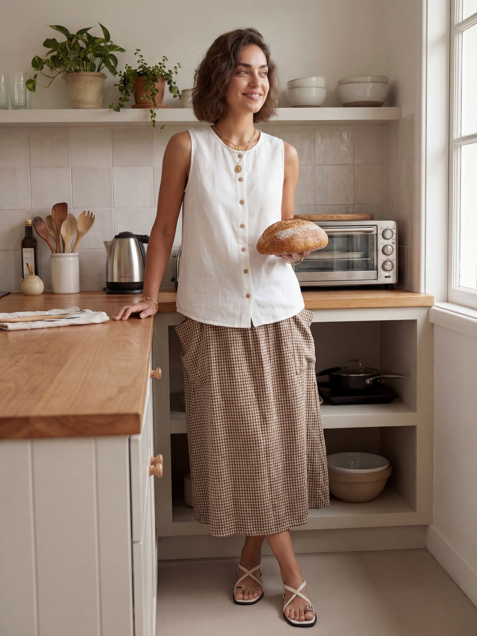 LINTICO Linen Checked Elastic Waist Skirt MARINA — construction detail