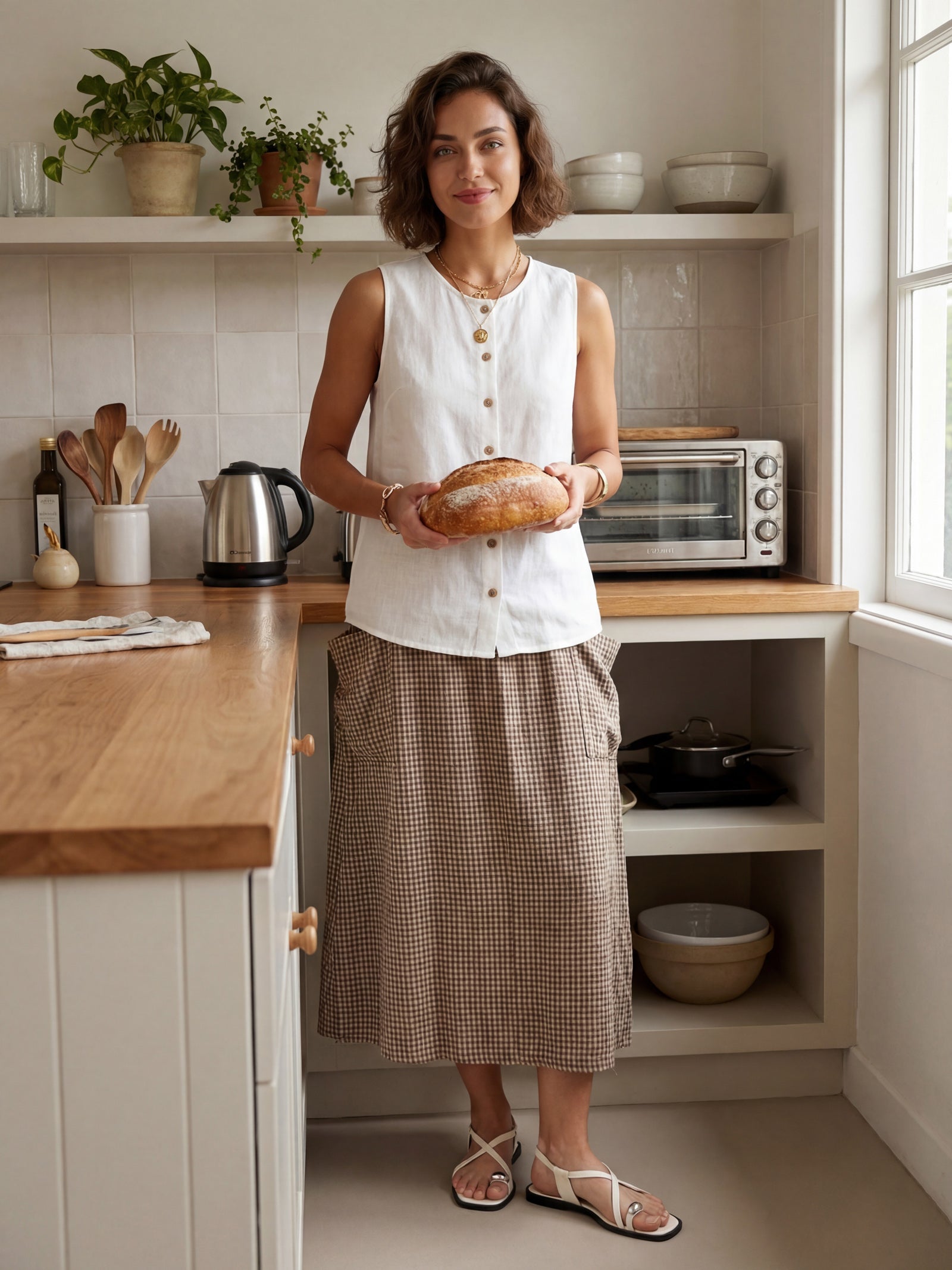 LINTICO Linen Checked Elastic Waist Skirt MARINA — bottoms-skirts-linen category context