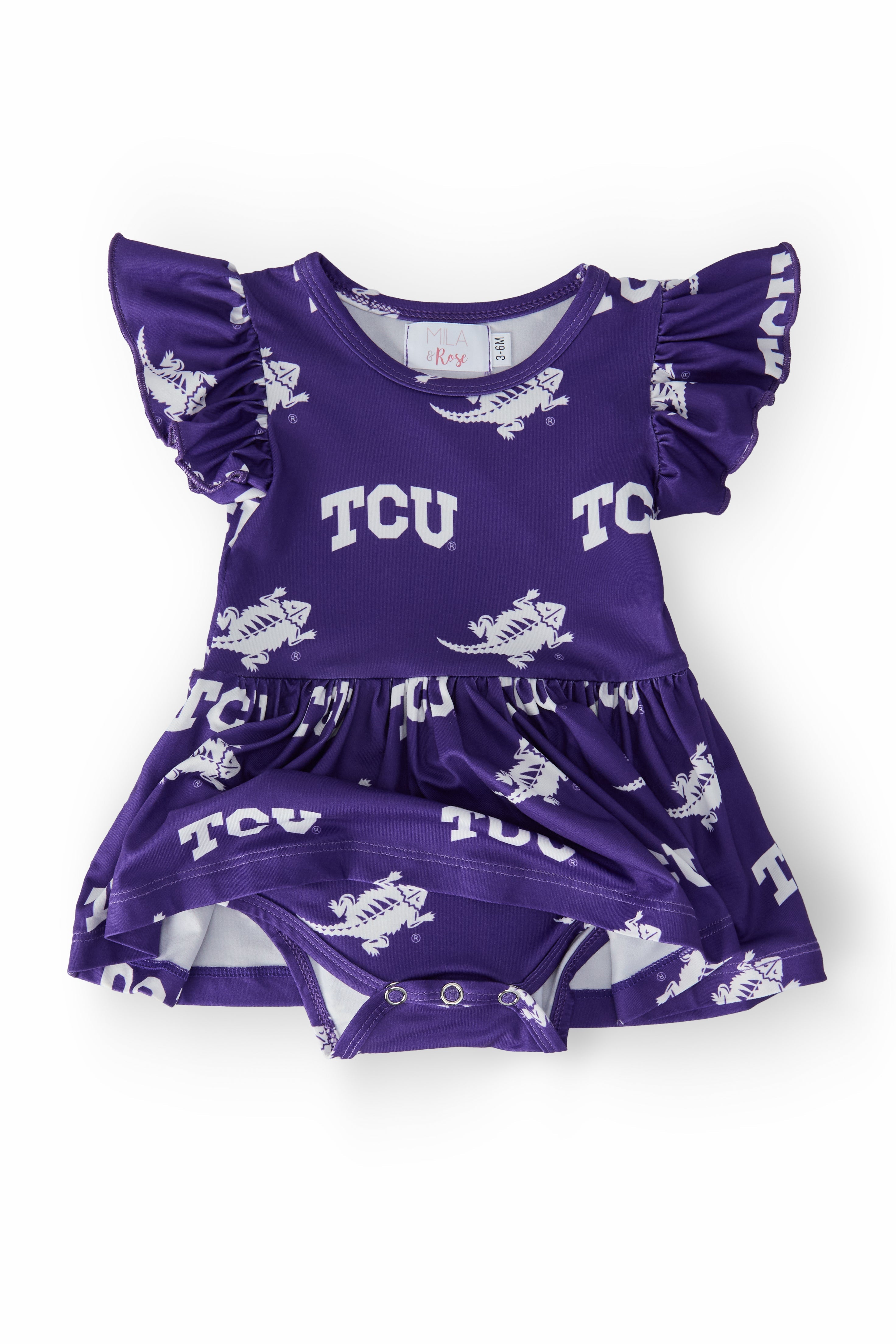 Mila & Rose ® TCU Purple Frog Flutter Twirl Bodysuit — detail close-up