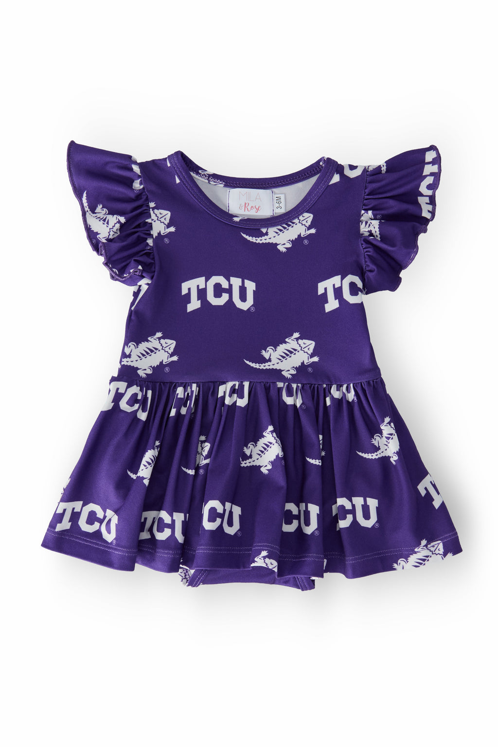 Mila & Rose ® TCU Purple Frog Flutter Twirl Bodysuit — lifestyle context
