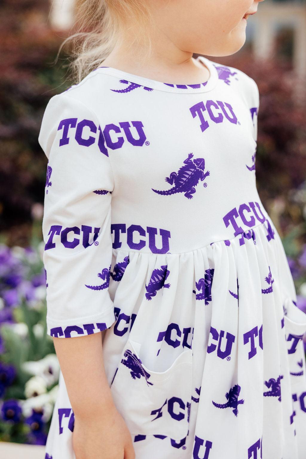 Mila & Rose ® TCU White Frog 3/4 Sleeve Pocket Twirl Dress — main product shot