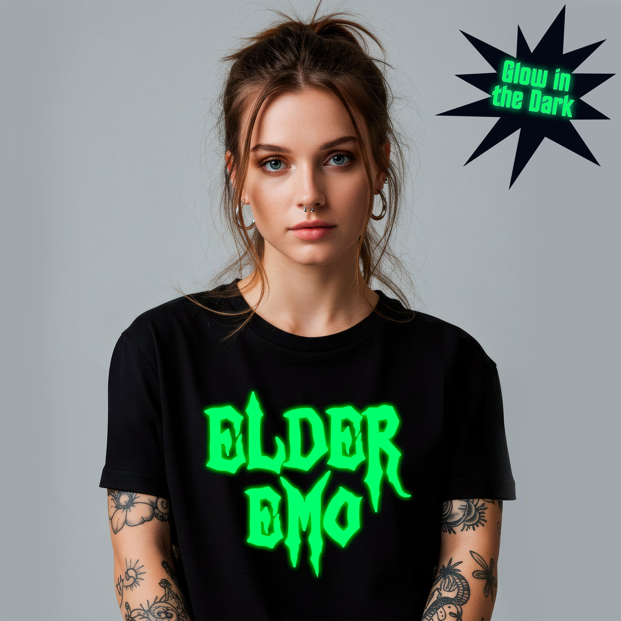 BodyCandy Glow in the Dark Elder Emo Black Tee Shirt — detail close-up