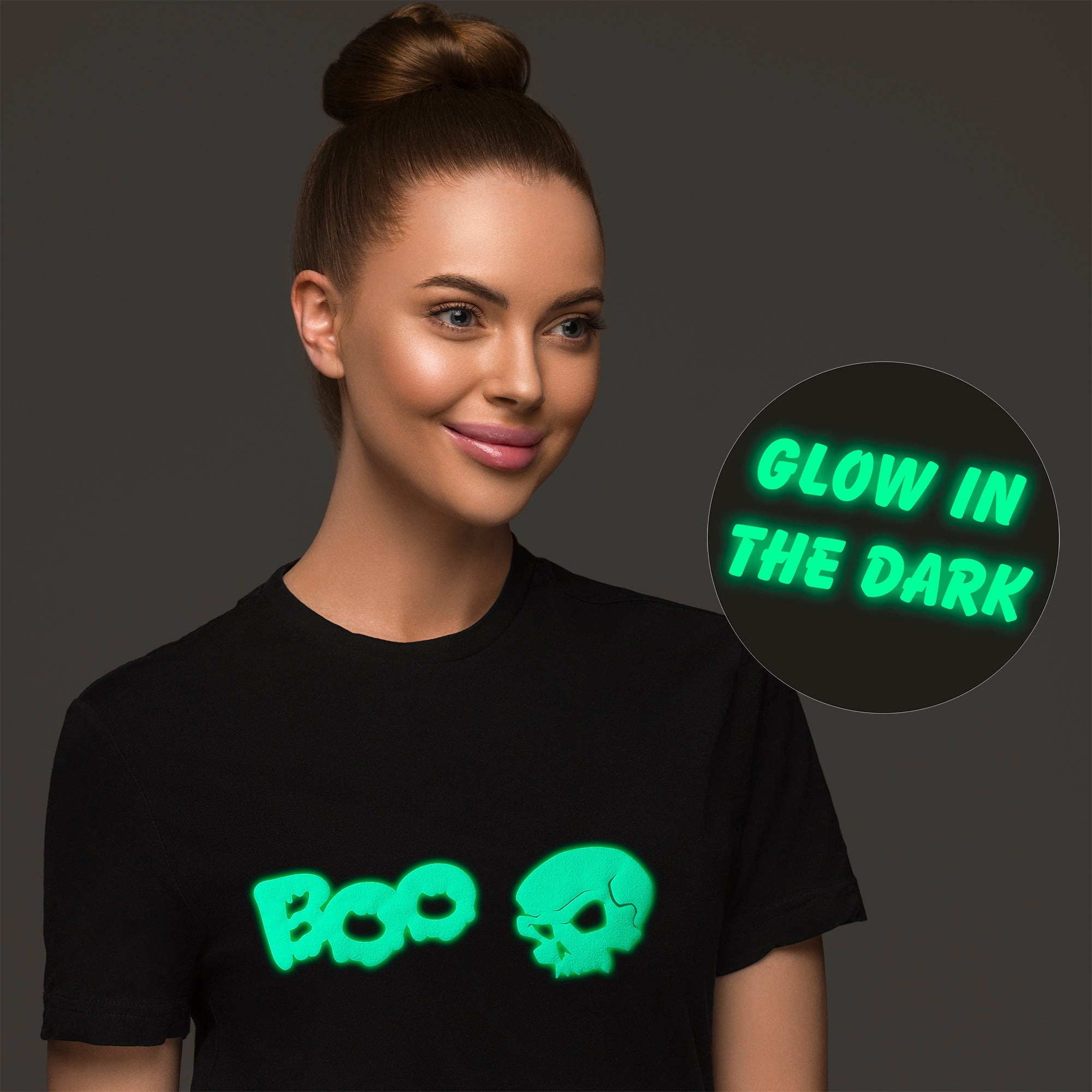BodyCandy Skull Boo Glow in the Dark Puff Halloween Tee Shirt — detail close-up