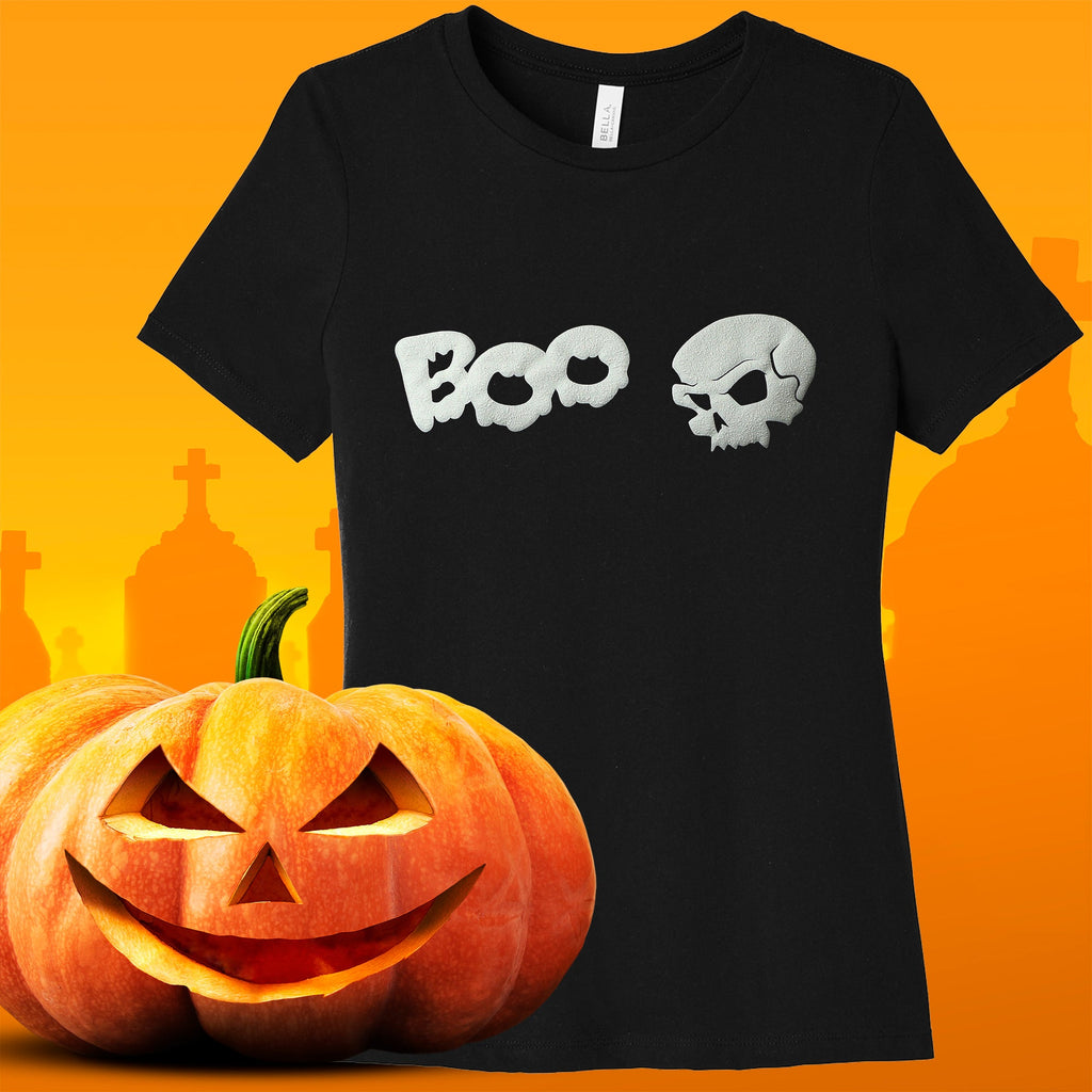 BodyCandy Skull Boo Glow in the Dark Puff Halloween Tee Shirt — in-use photo