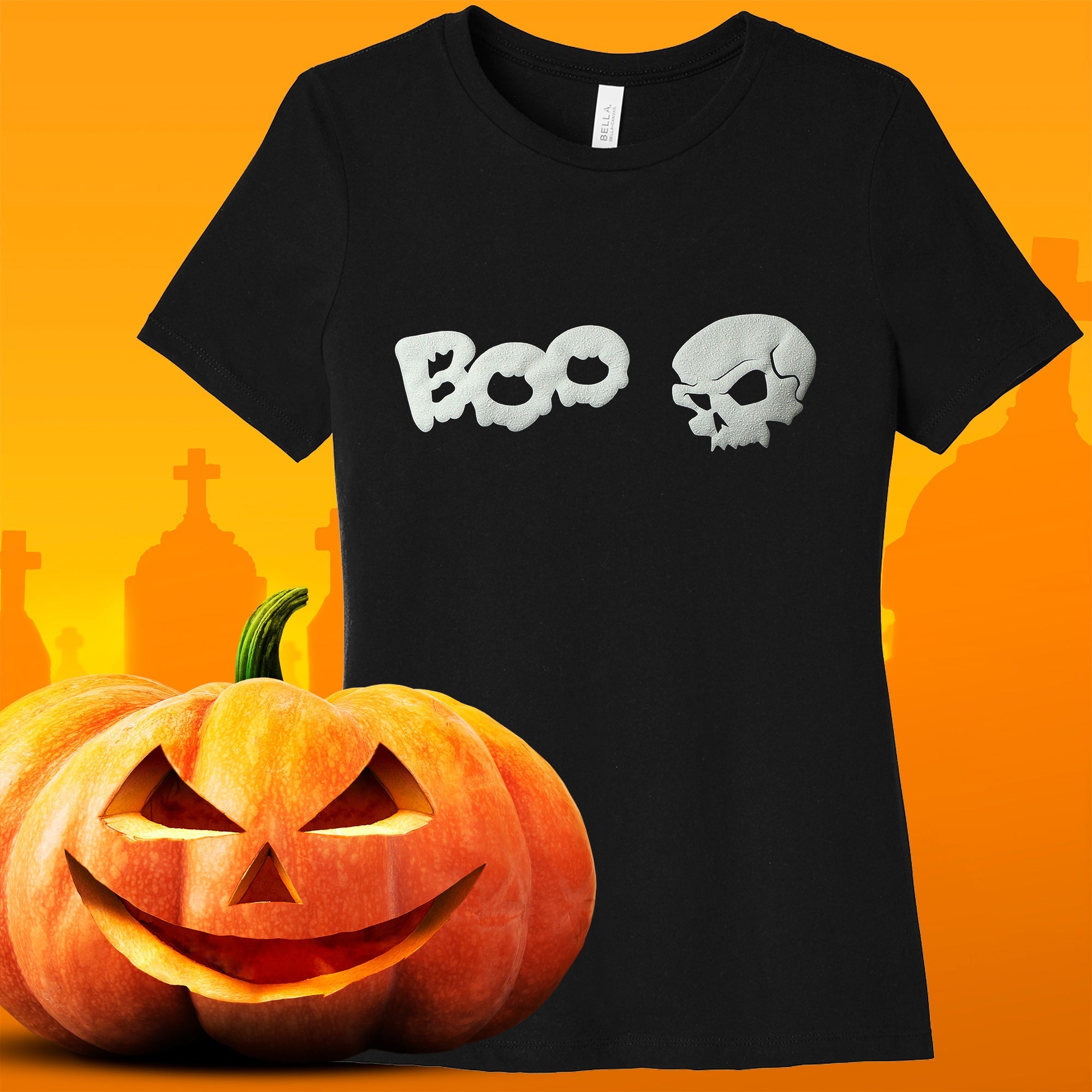BodyCandy Skull Boo Glow in the Dark Puff Halloween Tee Shirt — in-use photo