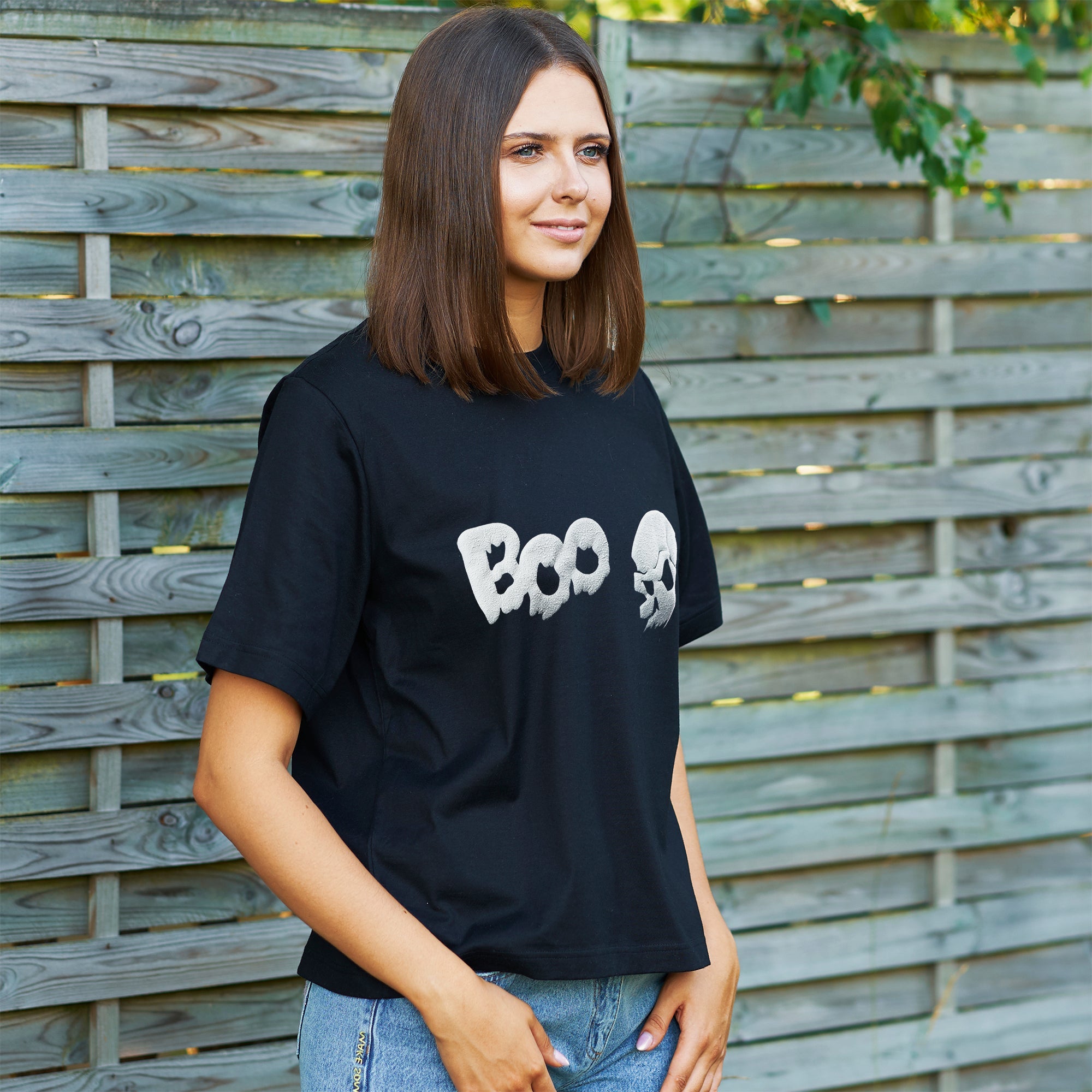 BodyCandy Skull Boo Glow in the Dark Puff Halloween Tee Shirt — back view