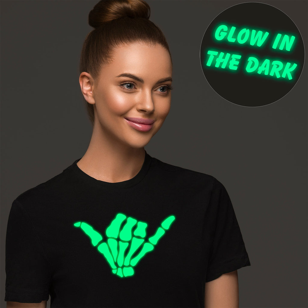 BodyCandy Glow in the Dark Shaka Skelelton Hand Tee Shirt — detail close-up