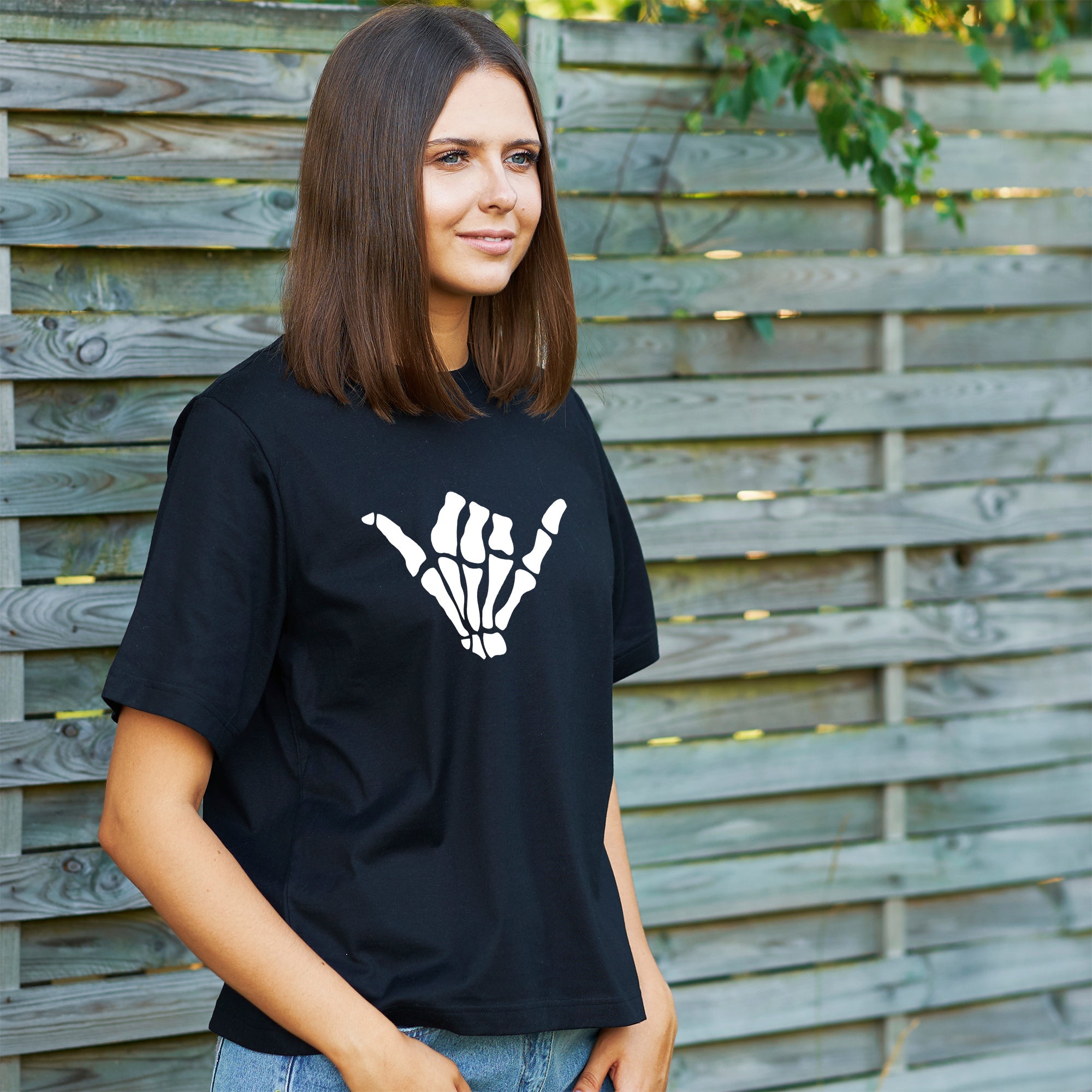 BodyCandy Glow in the Dark Shaka Skelelton Hand Tee Shirt — side view