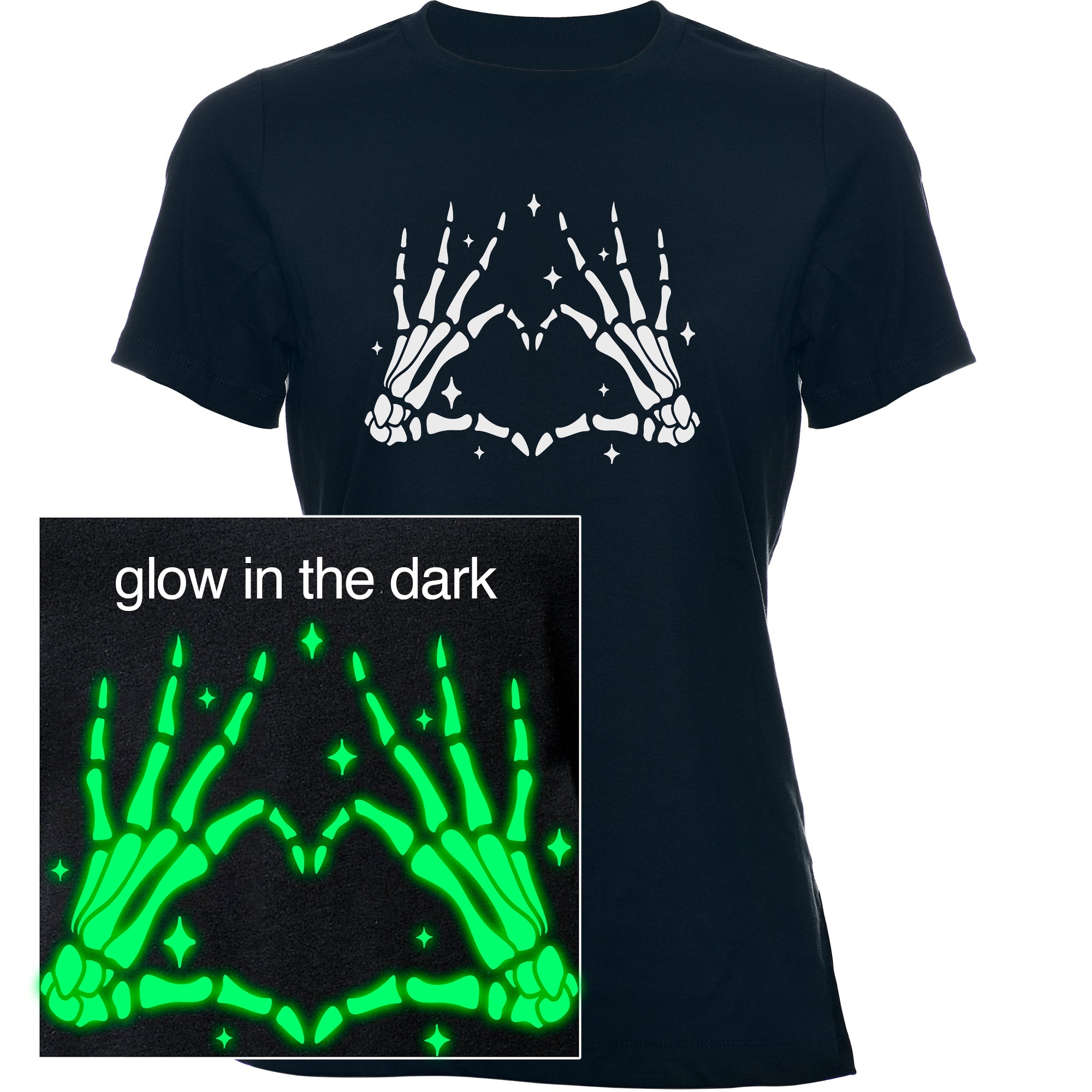 BodyCandy Glow in the Dark Dead Inside Heart Skeleton Hands Black Tee Shirt — main product shot