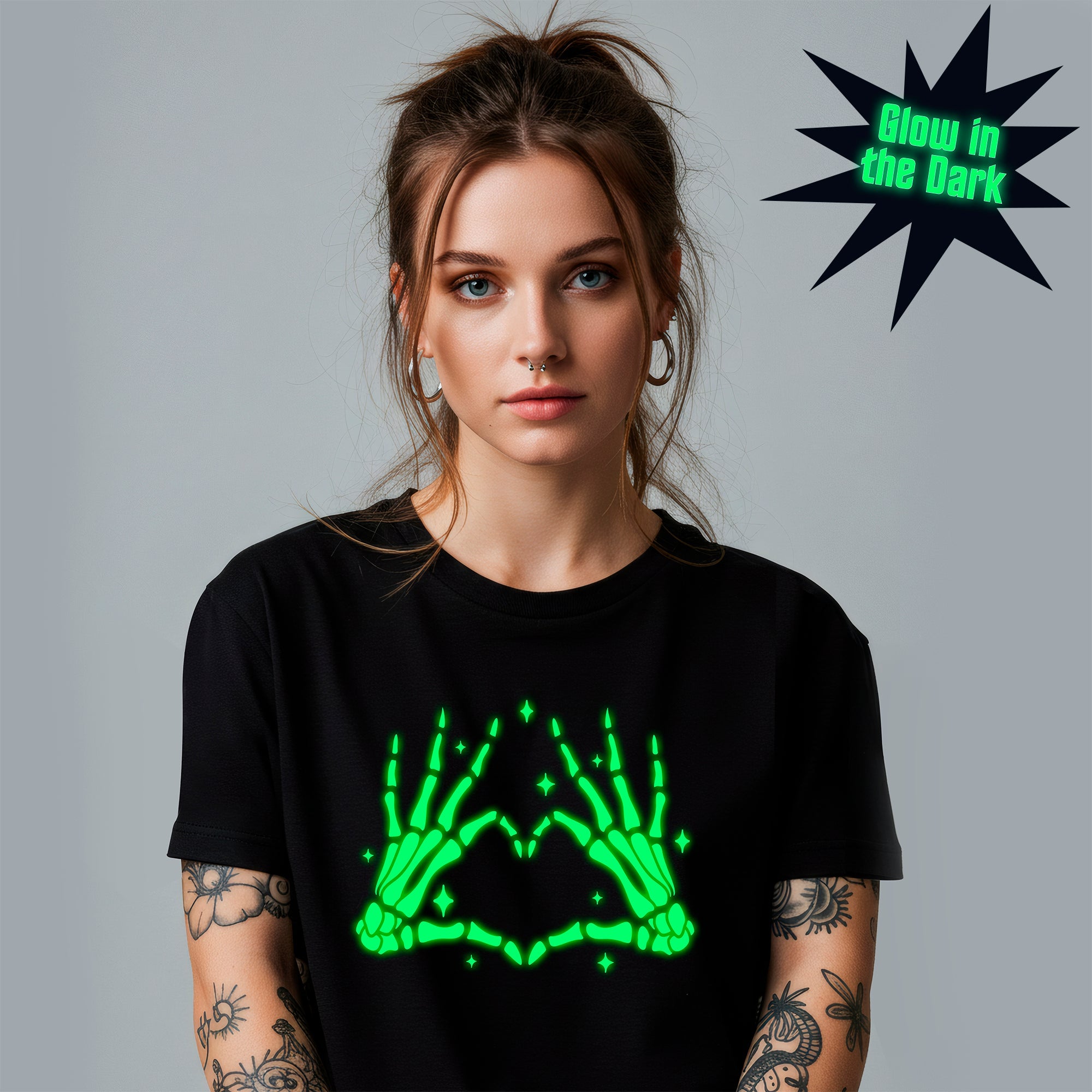 BodyCandy Glow in the Dark Dead Inside Heart Skeleton Hands Black Tee Shirt — detail close-up