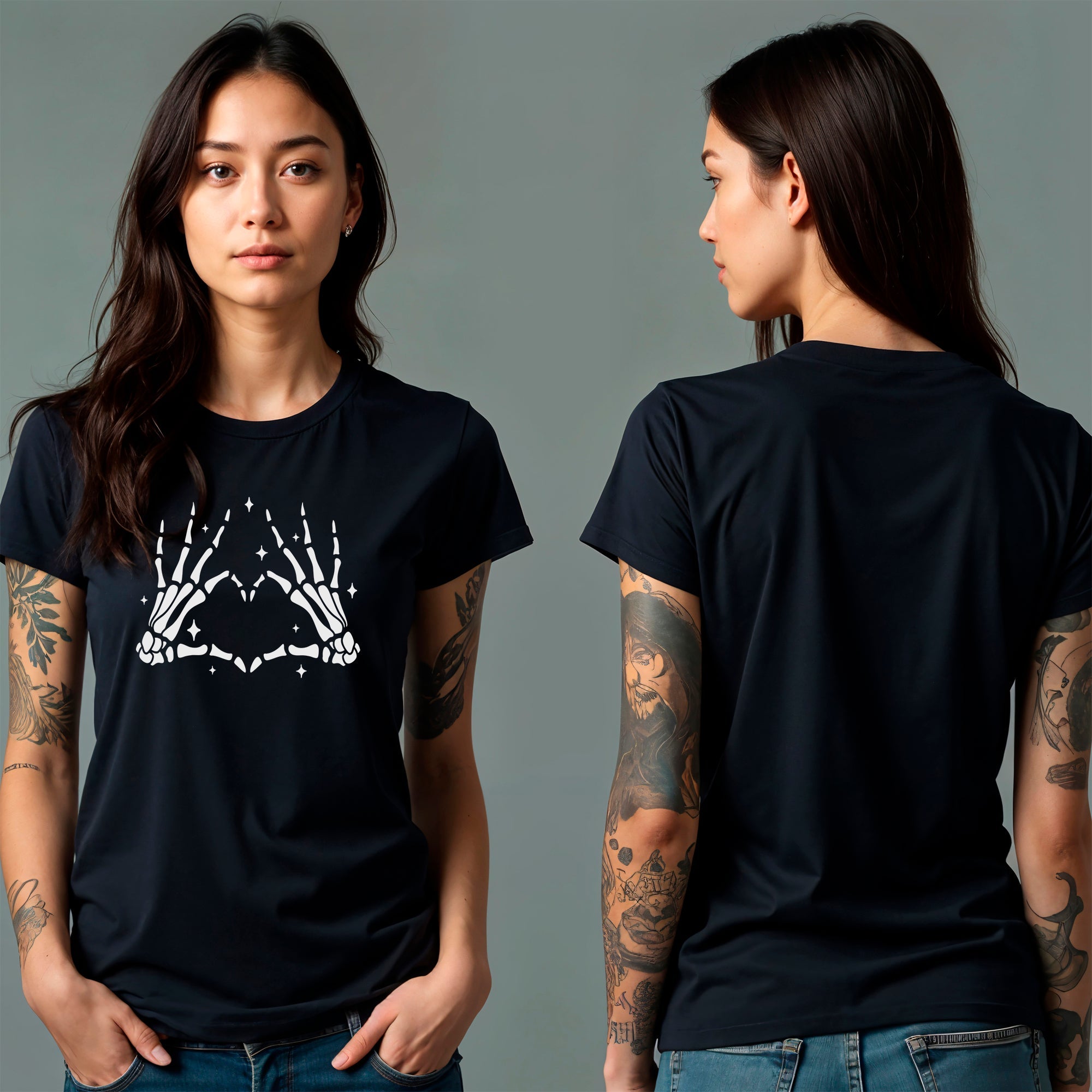 BodyCandy Glow in the Dark Dead Inside Heart Skeleton Hands Black Tee Shirt — alternative angle