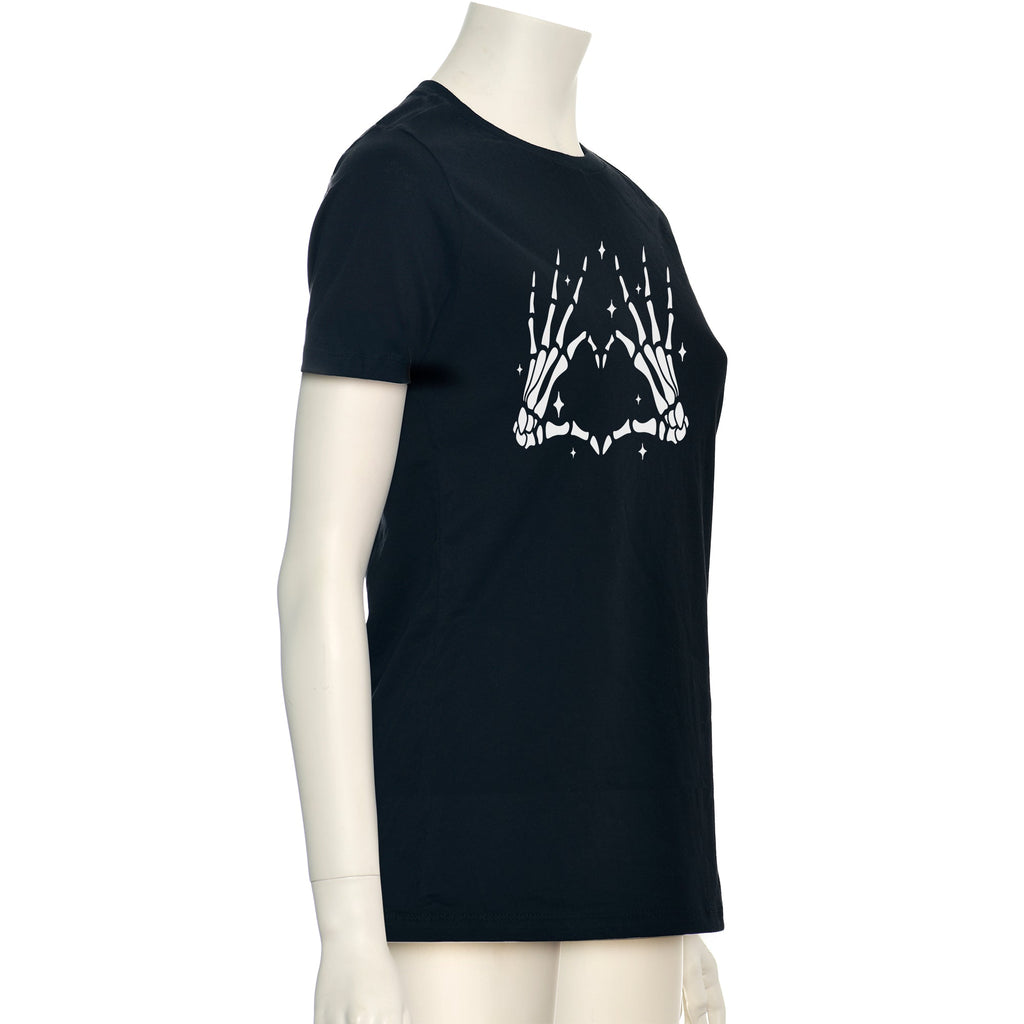 BodyCandy Glow in the Dark Dead Inside Heart Skeleton Hands Black Tee Shirt — side view