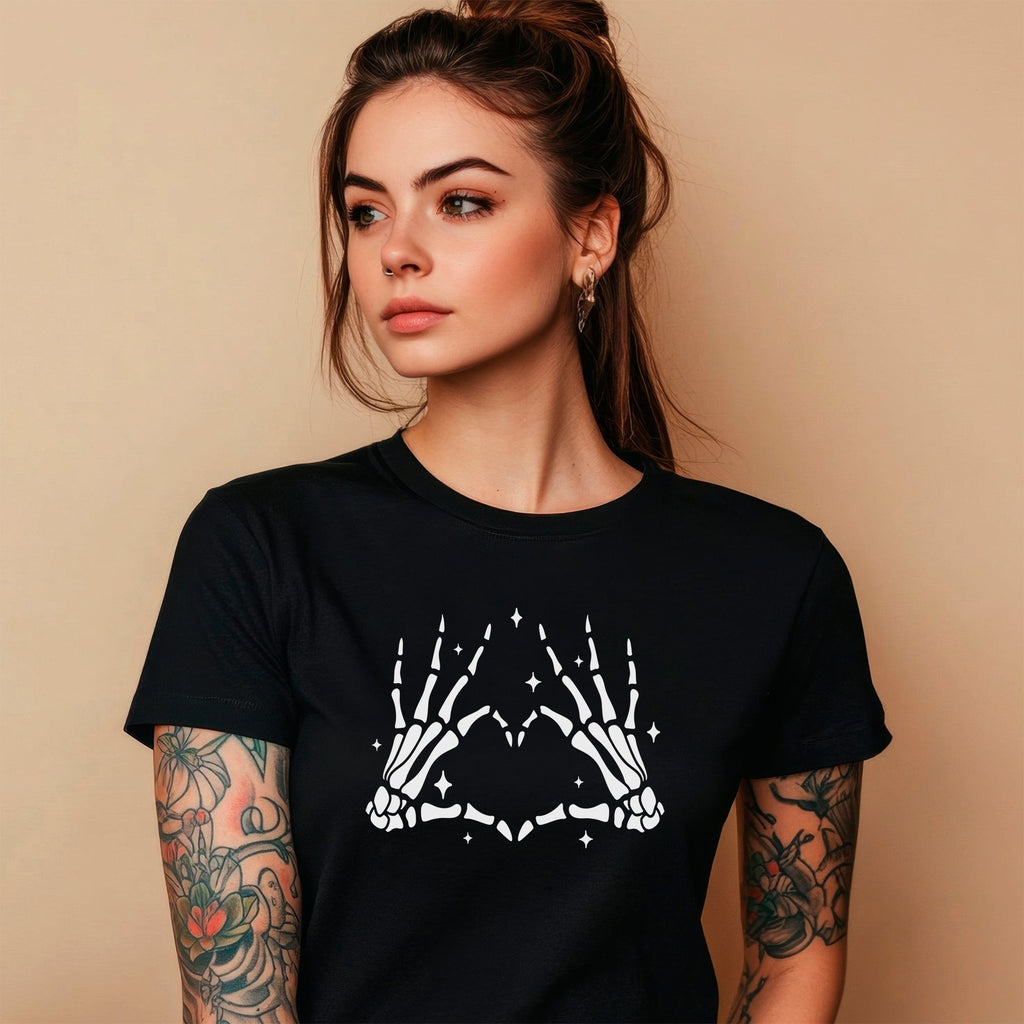 BodyCandy Glow in the Dark Dead Inside Heart Skeleton Hands Black Tee Shirt — lifestyle context