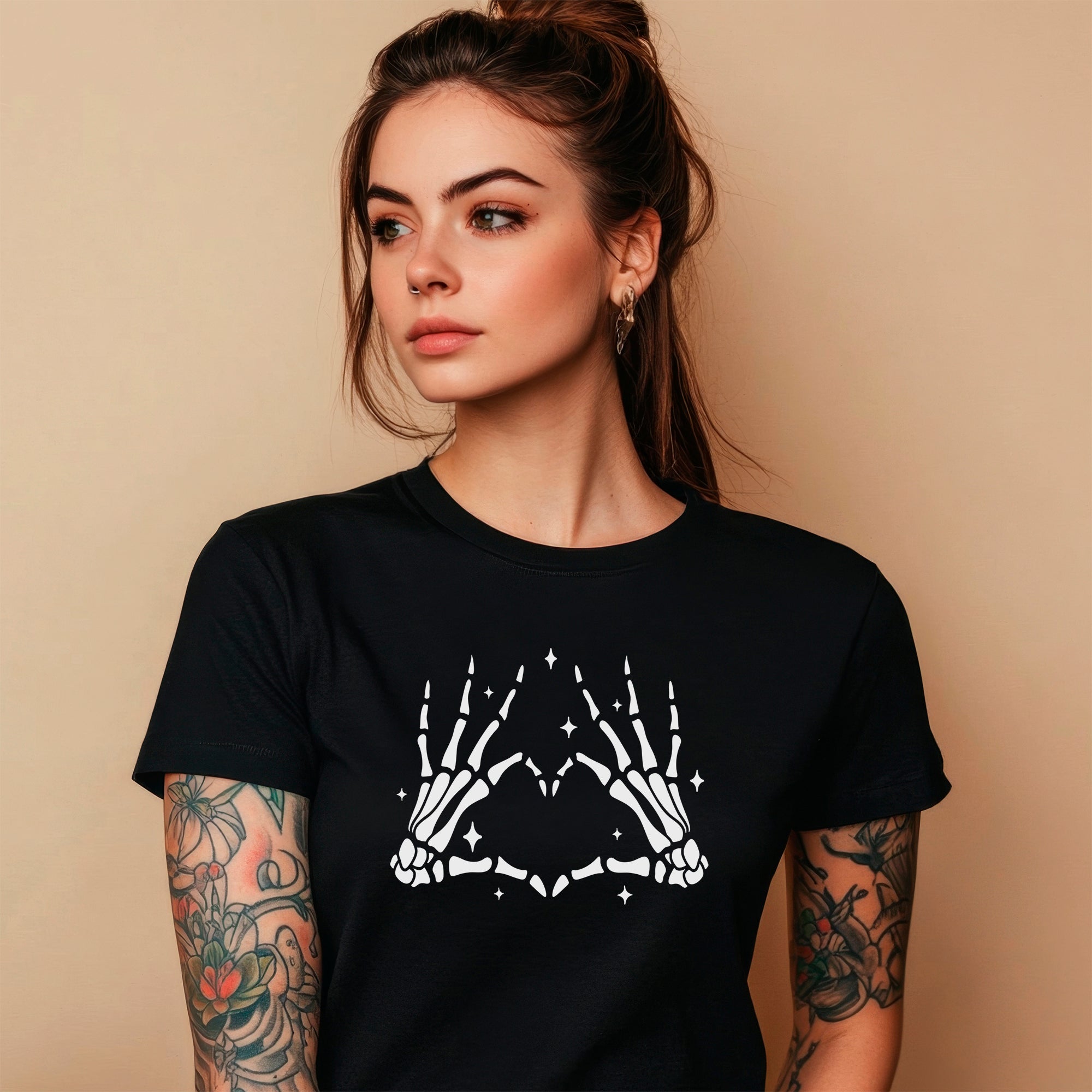 BodyCandy Glow in the Dark Dead Inside Heart Skeleton Hands Black Tee Shirt — lifestyle context