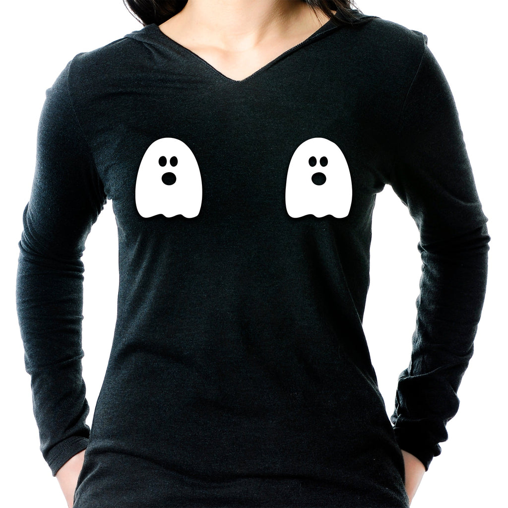 BodyCandy Halloween Glow in the Dark Ghost Boobies Tee Tapered Long Sleeve Hoodie — in-use photo