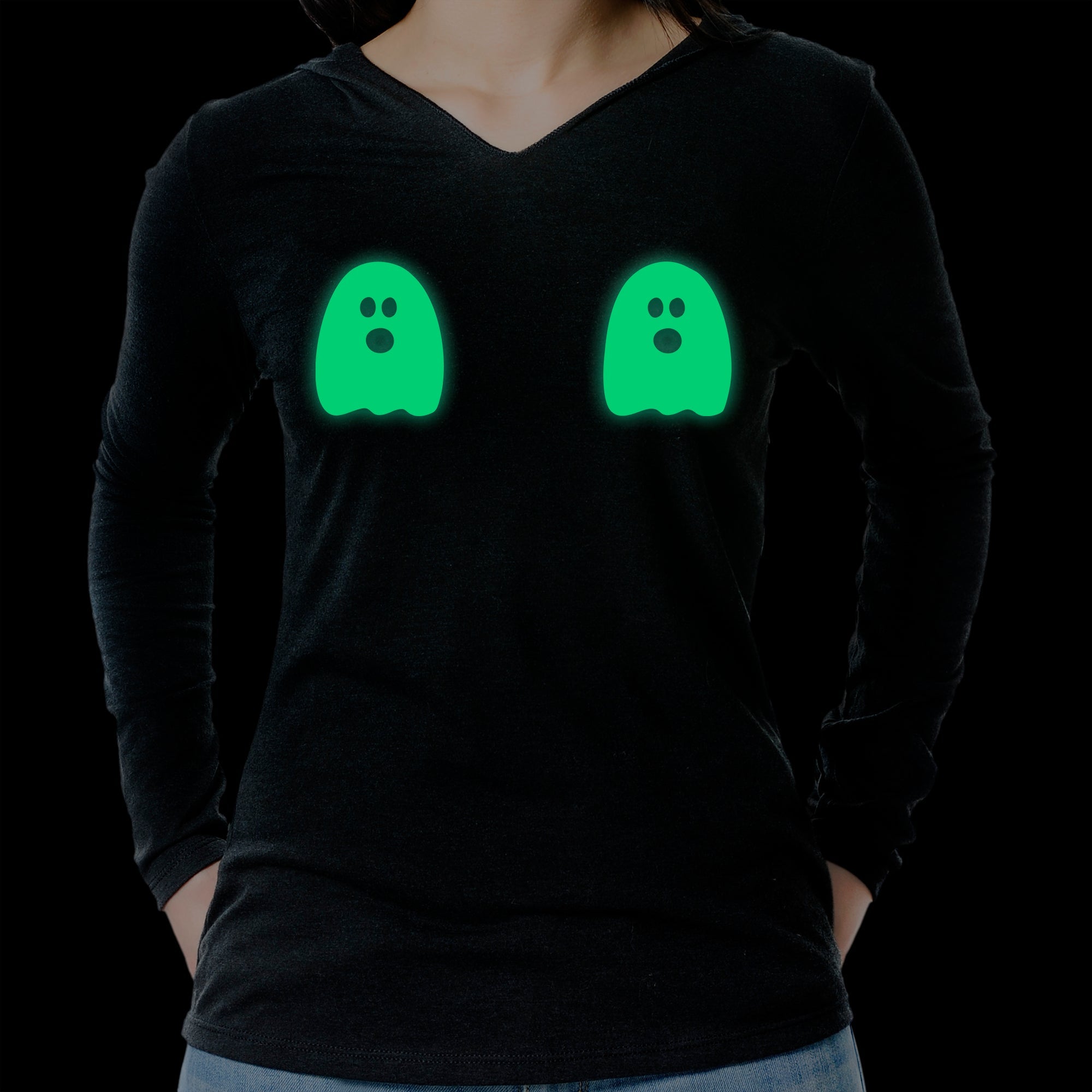 BodyCandy Halloween Glow in the Dark Ghost Boobies Tee Tapered Long Sleeve Hoodie — lifestyle context
