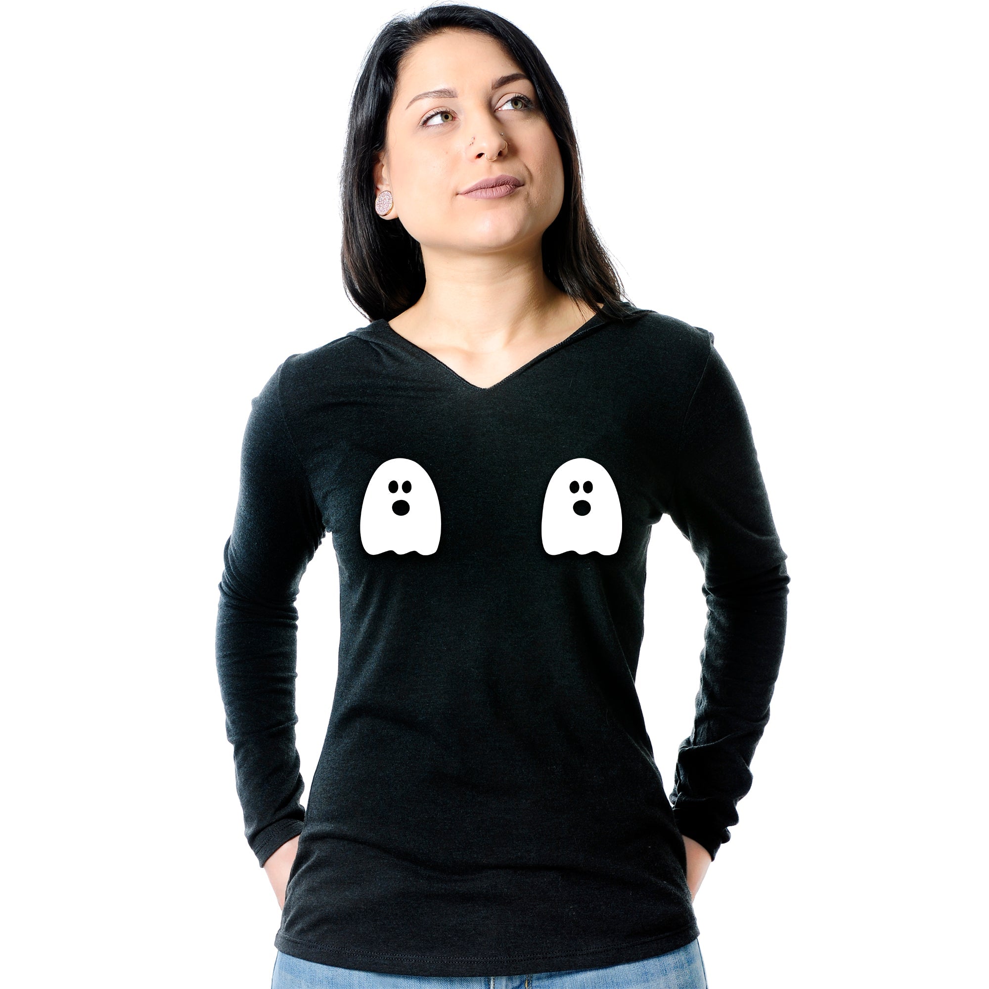 BodyCandy Halloween Glow in the Dark Ghost Boobies Tee Tapered Long Sleeve Hoodie — size reference