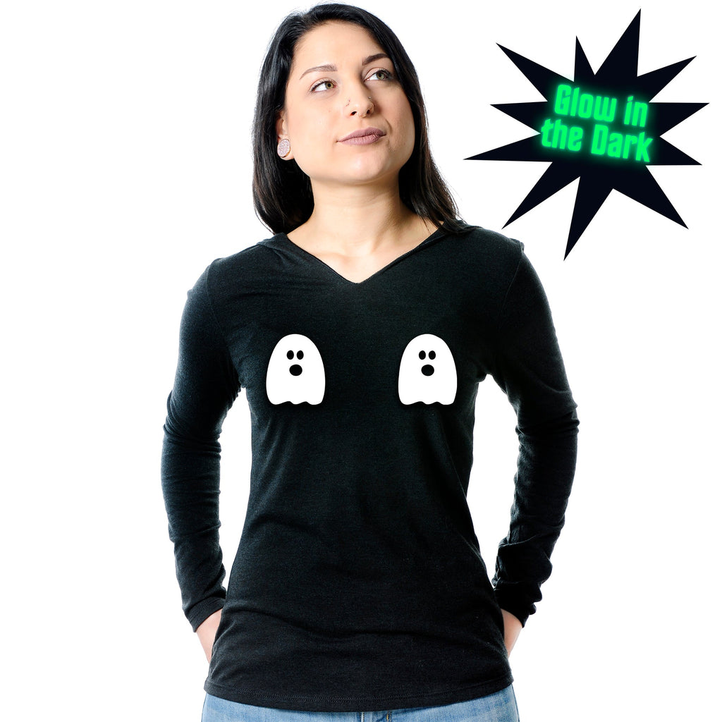 BodyCandy Halloween Glow in the Dark Ghost Boobies Tee Tapered Long Sleeve Hoodie — side view