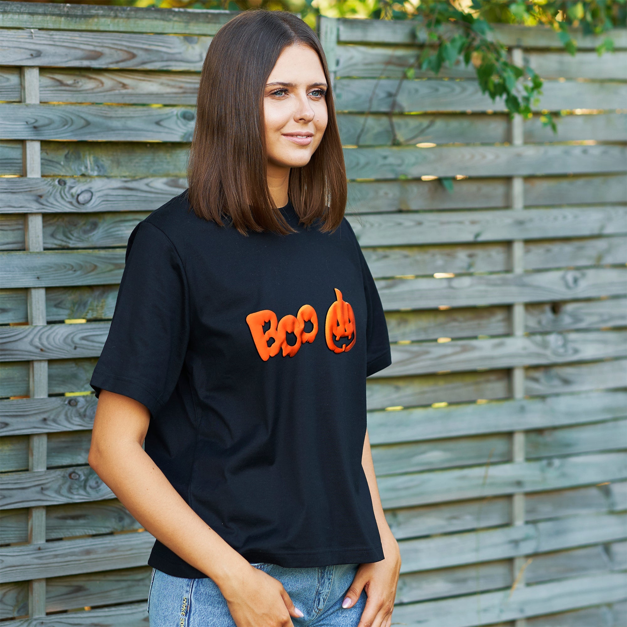 BodyCandy Pumpkin Boo Orange Puff Halloween Tee Shirt — lifestyle context