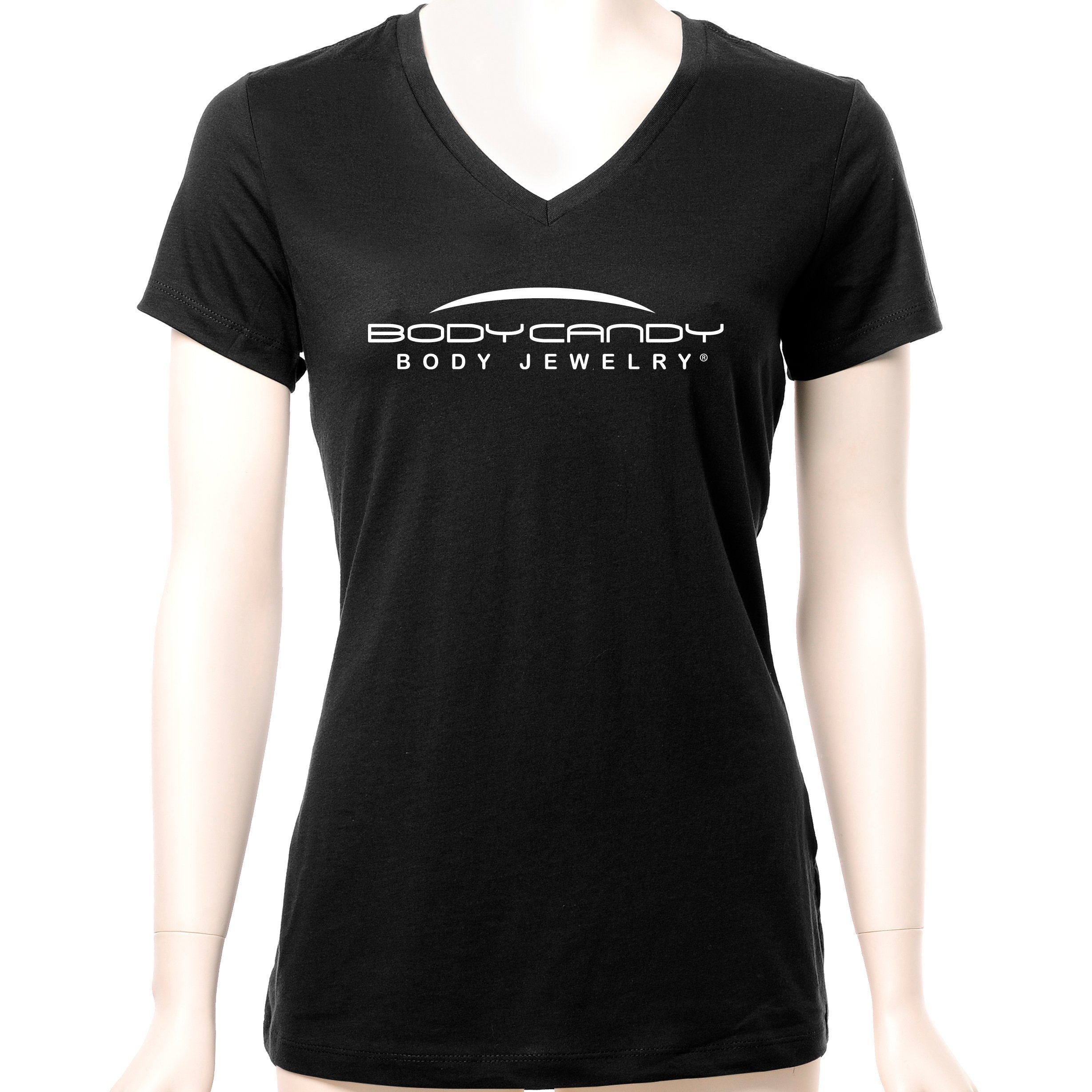 BodyCandy Body Candy Logo Tapered Black V-Neck Tee Shirt 100% Cotton — detail close-up