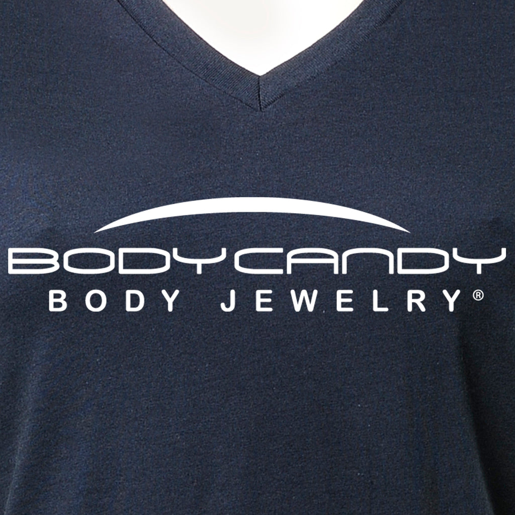 BodyCandy Body Candy Logo Tapered Blue V-Neck Tee Shirt 100% Cotton — detail close-up