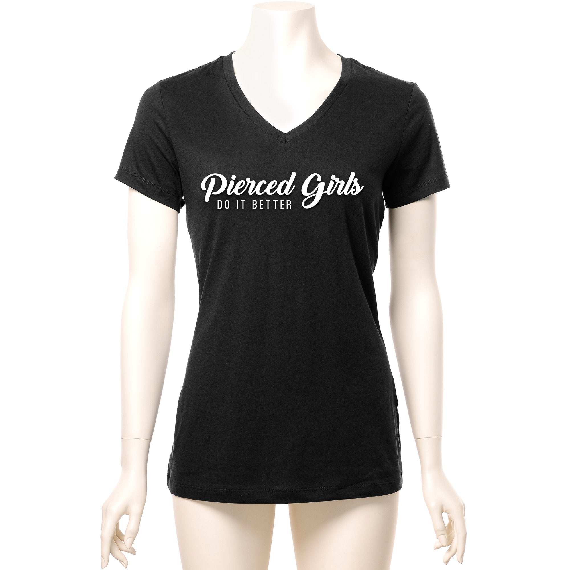 BodyCandy Pierced Girls Do It Better Tapered V-Neck Tee Shirt — branding close-up