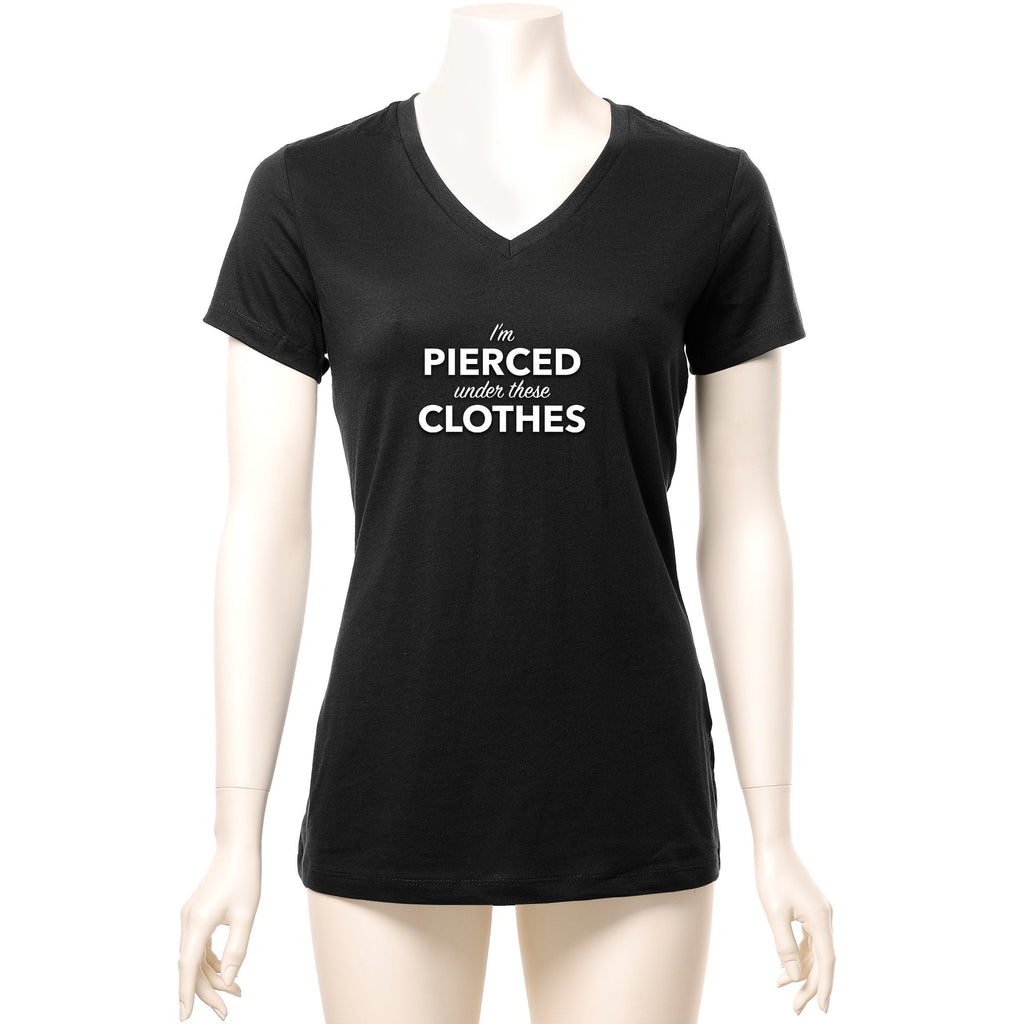BodyCandy I'm Pierced Under These Clothes Black Tapered V-Neck Tee Shirt — branding close-up